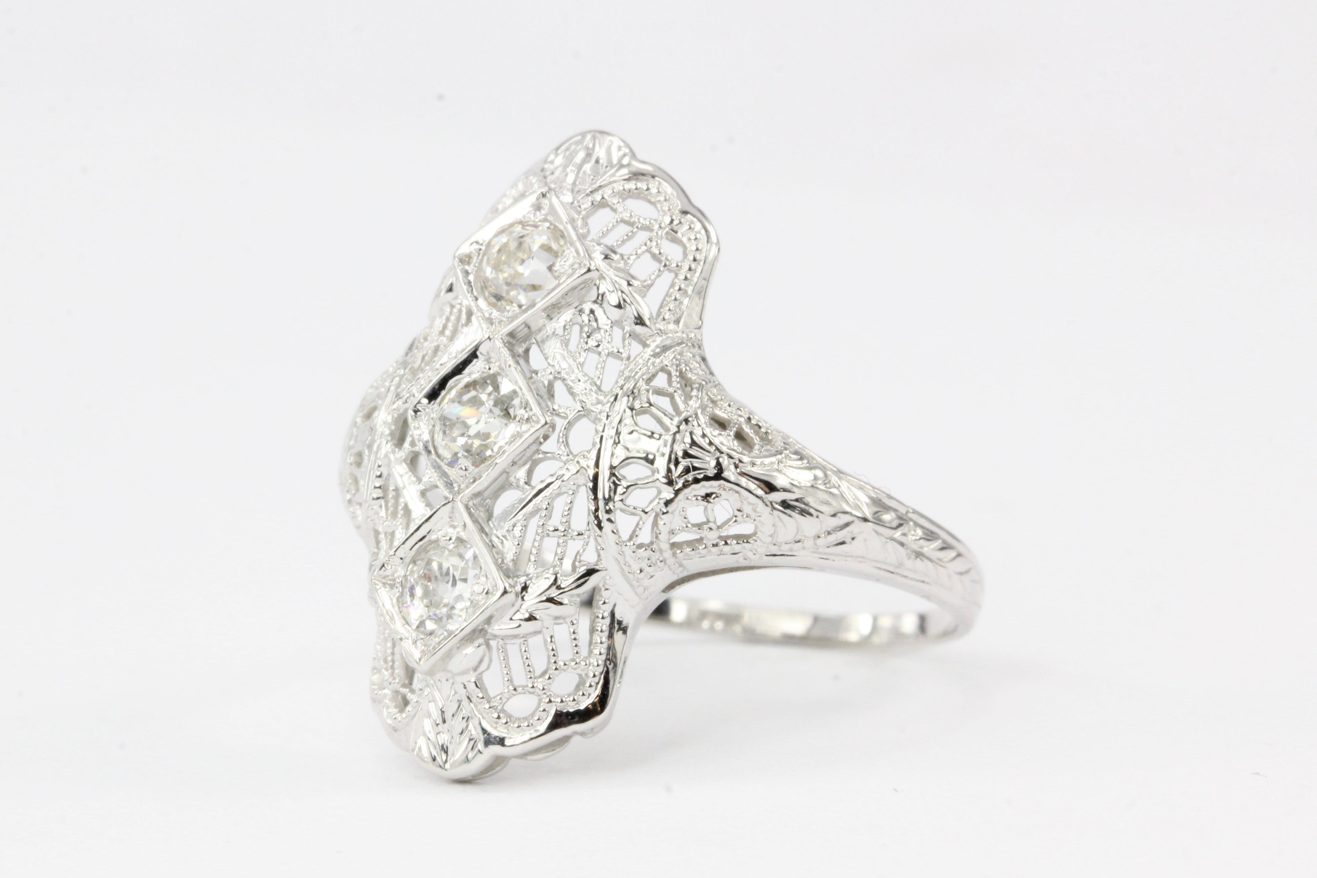 Art Deco 18K White Gold .25 CTW Diamond Shield Ring - Queen May