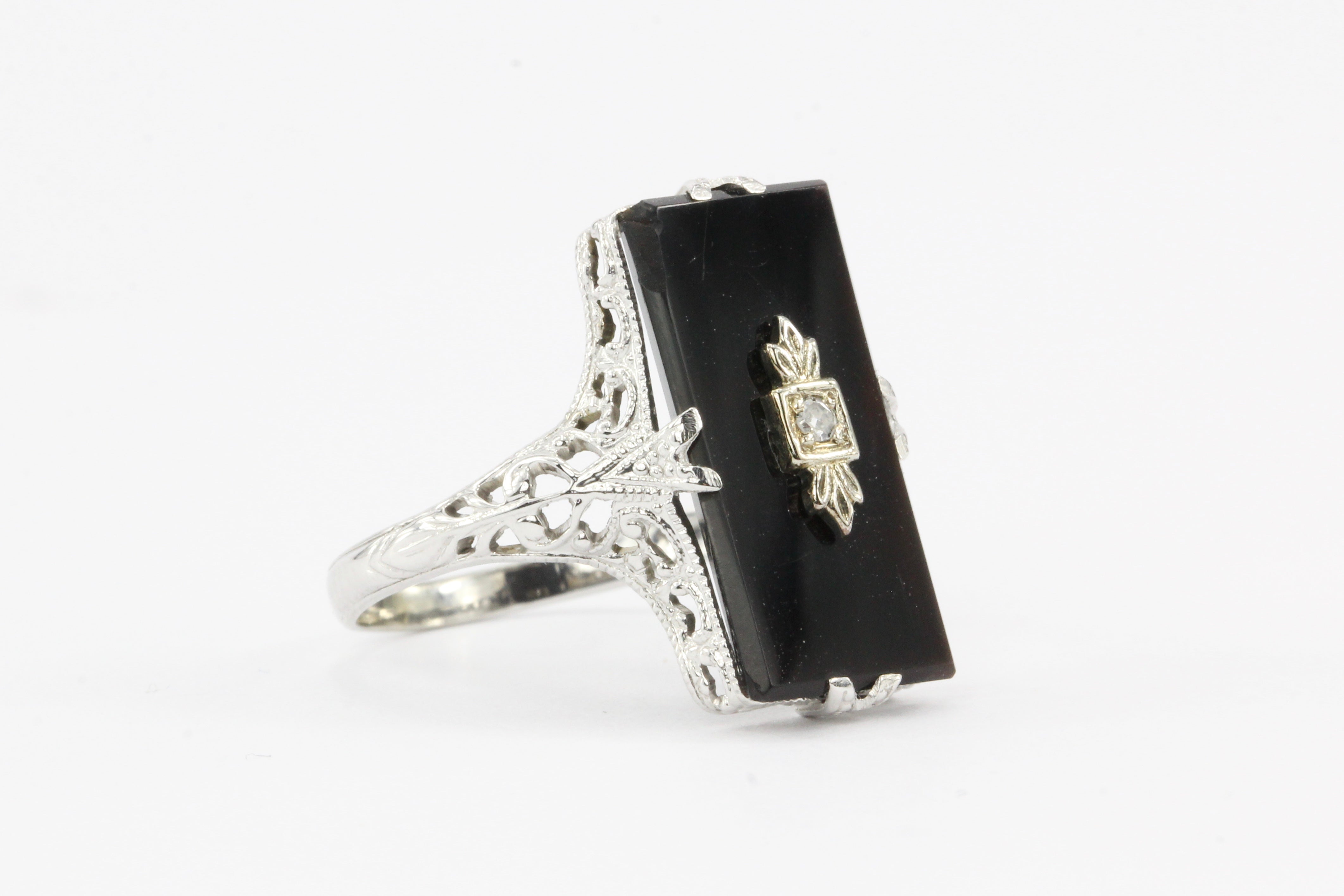 Art Deco 14K White Gold Black Onyx and .01 CT Single Cut Diamond Ring - Queen May