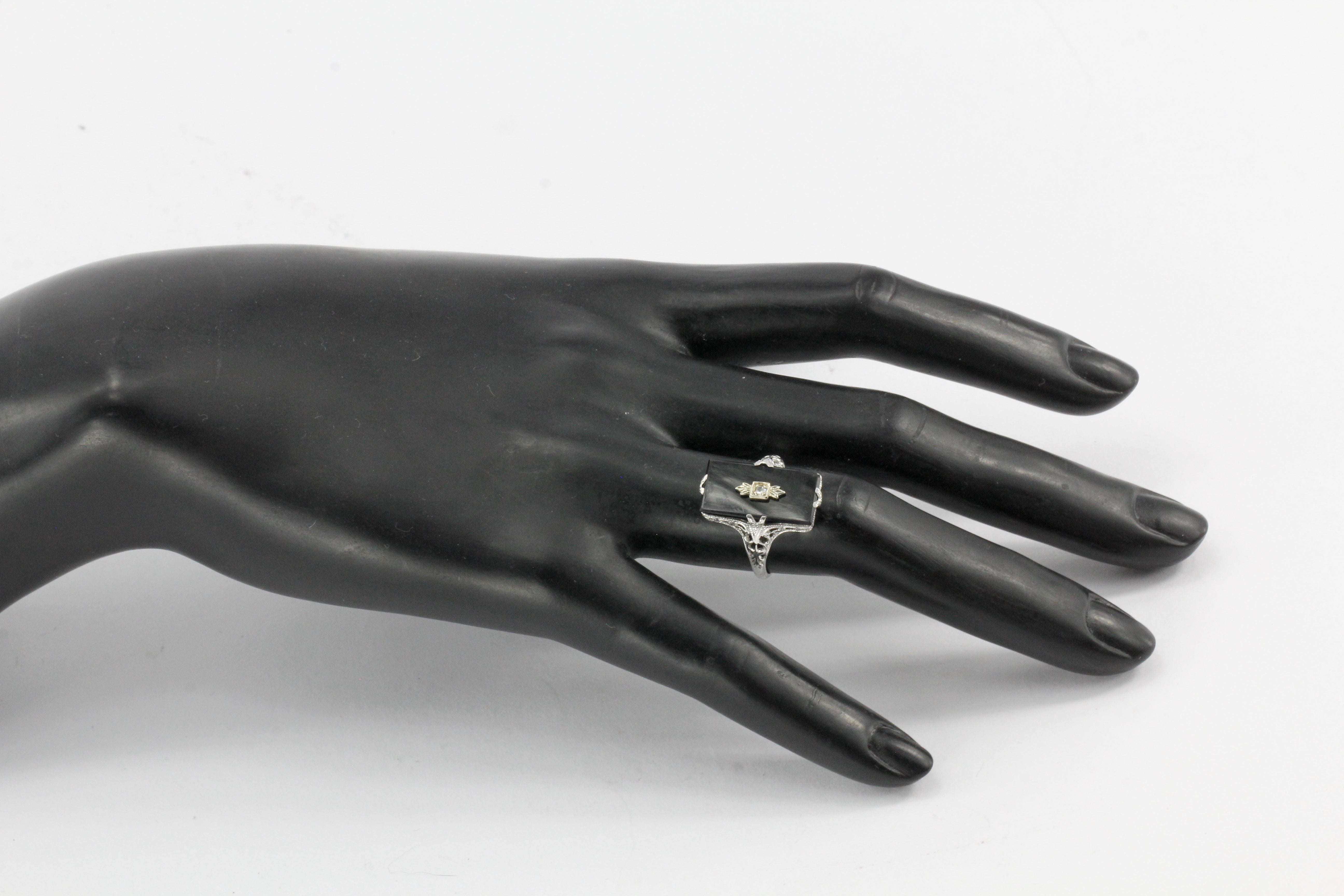 Art Deco 14K White Gold Black Onyx and .01 CT Single Cut Diamond Ring - Queen May