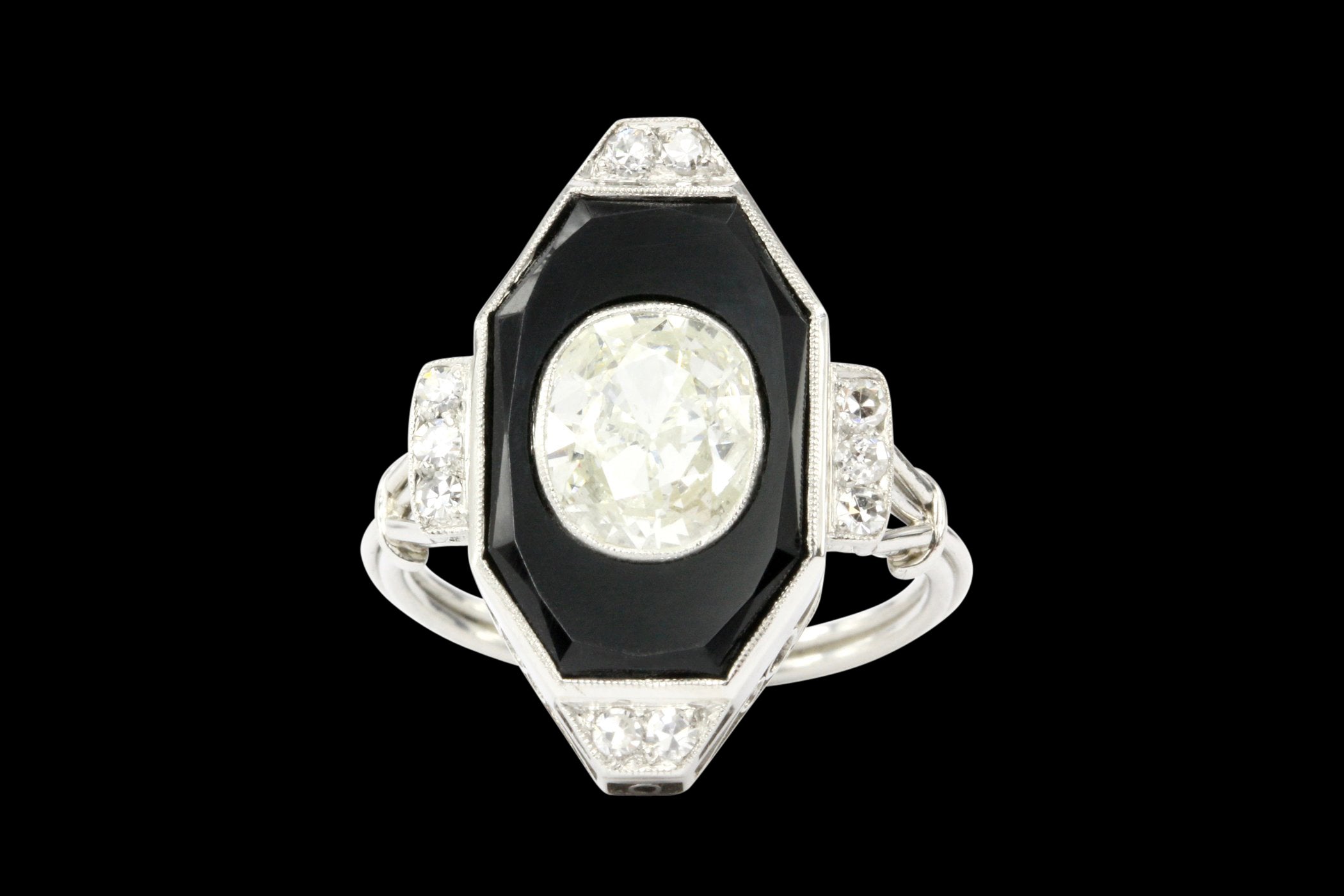 Art Deco Platinum Onyx and 1.3CT Oval Diamond Ring - Queen May