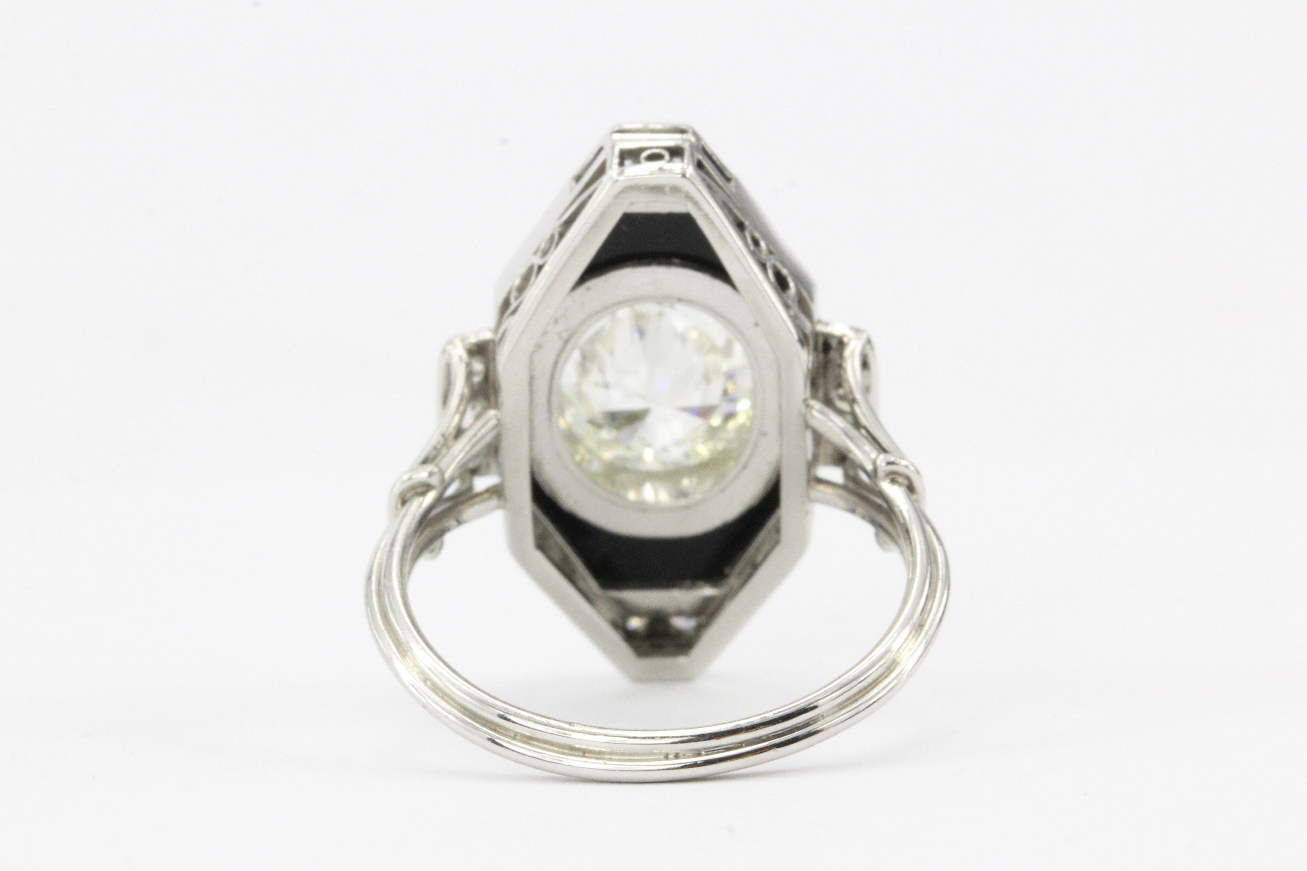 Art Deco Platinum Onyx and 1.3CT Oval Diamond Ring - Queen May