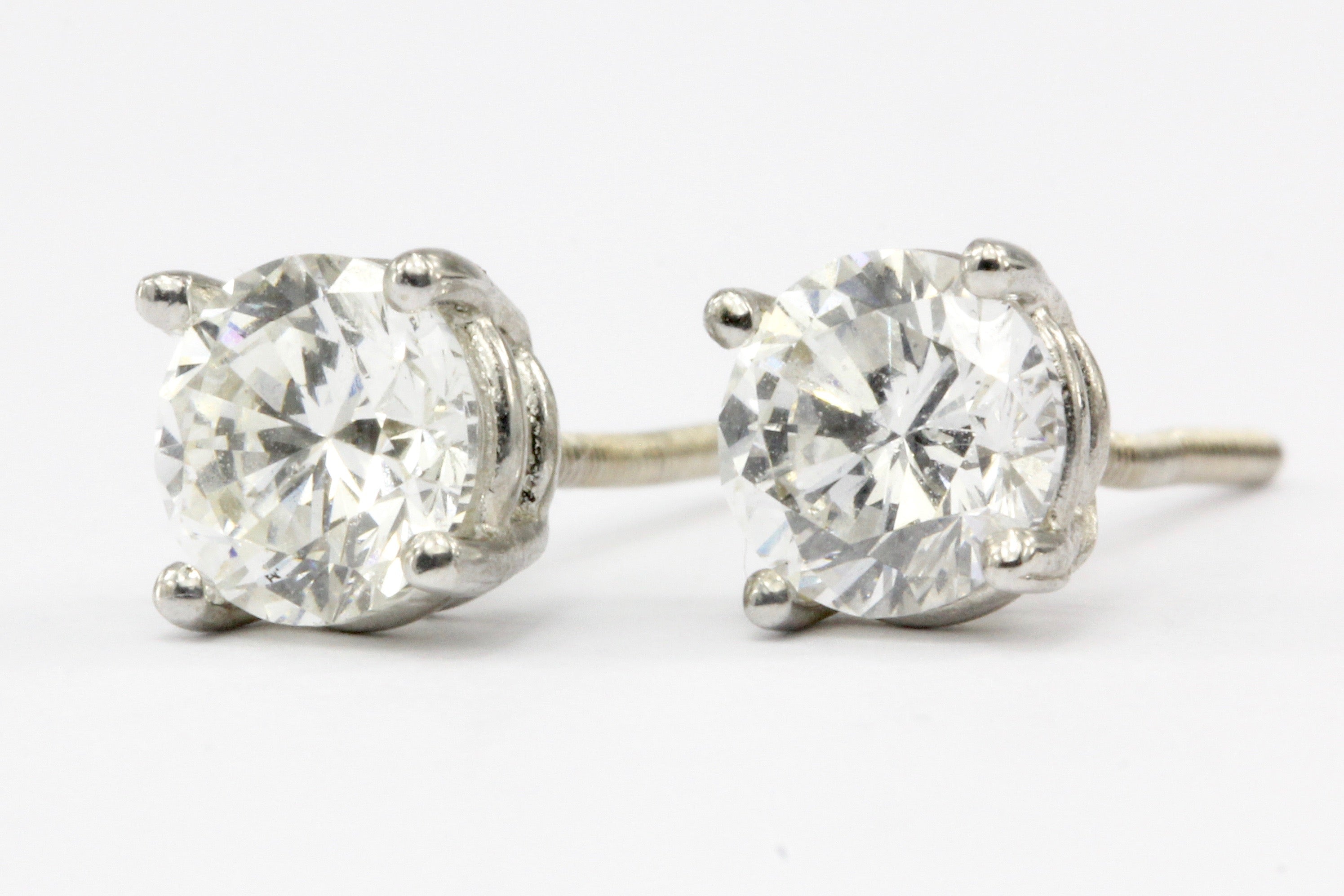 14K White Gold 1 CTW Diamond Four Prong Screw Back Stud Earrings - Queen May