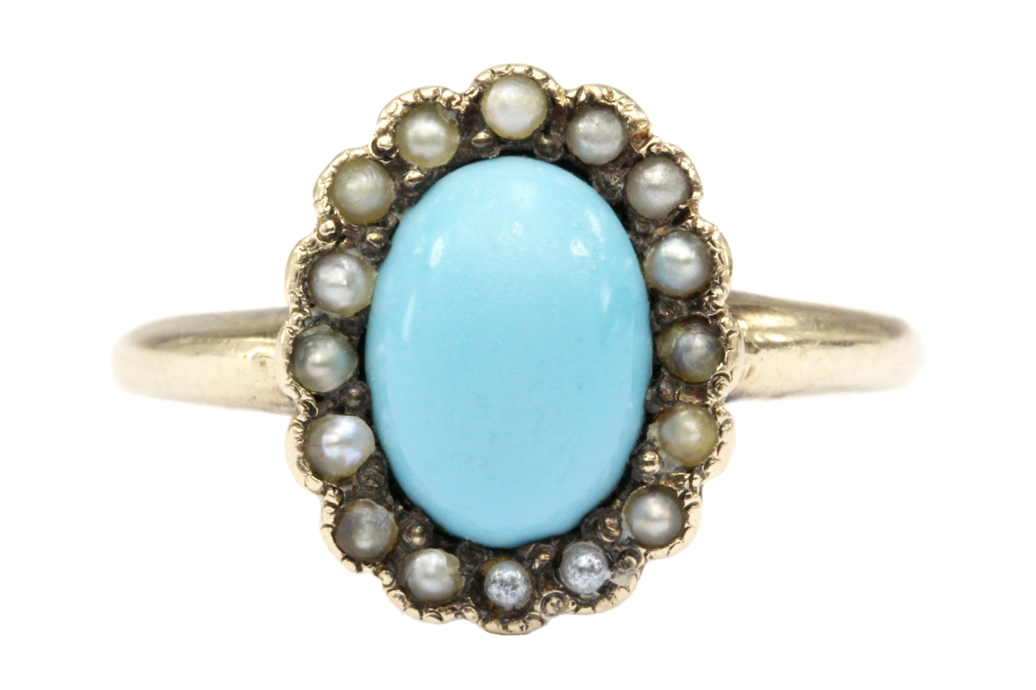 Victorian 10K Yellow Gold Turquoise & Seed Pearl Ring Size 4.75 - Queen May