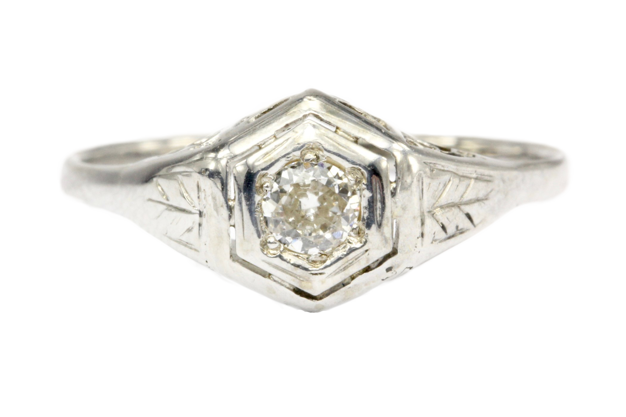Art Deco 18K & 14K White Gold Diamond in Hexagonal Setting Engagement Ring Size 5.25 - Queen May