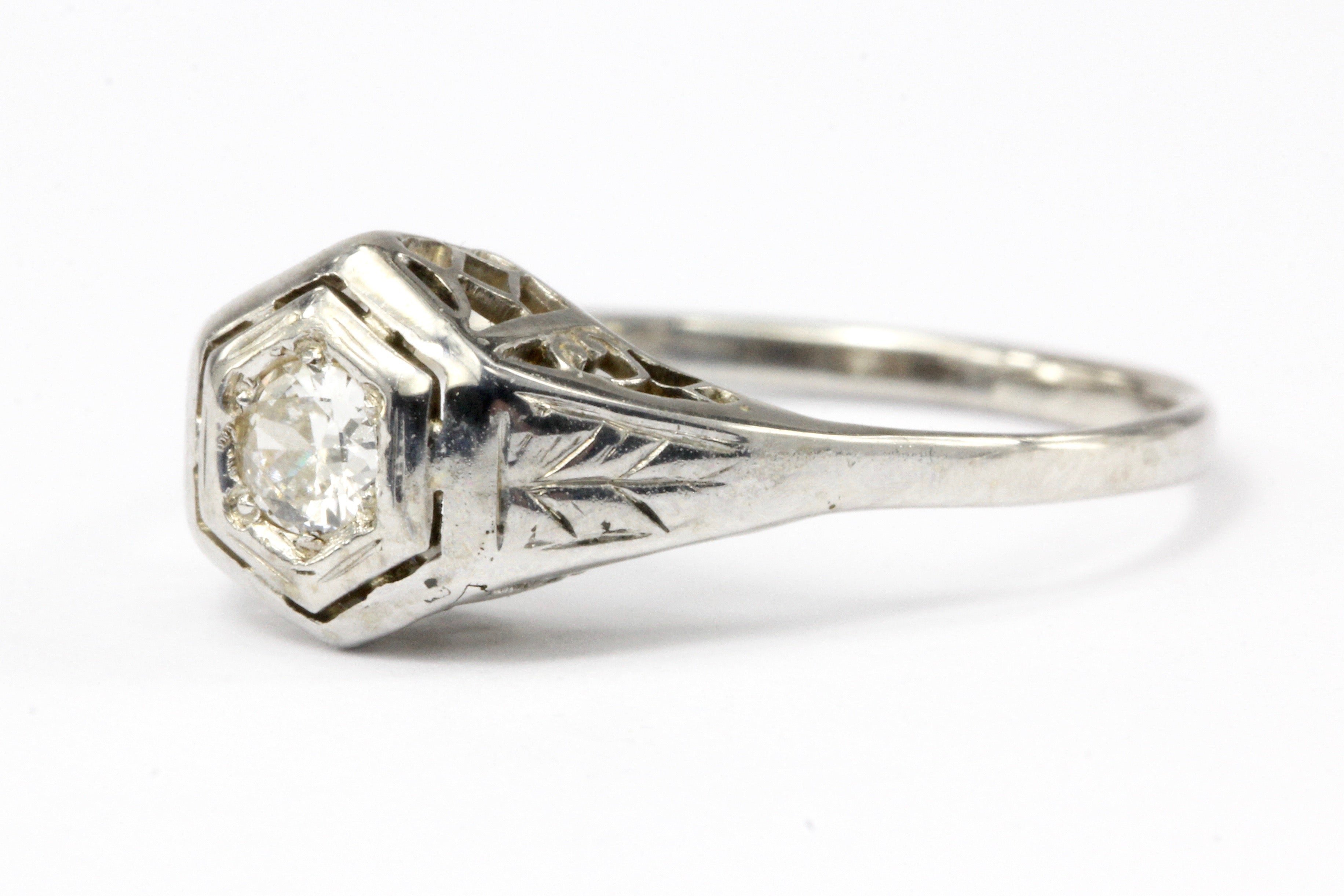 Art Deco 18K & 14K White Gold Diamond in Hexagonal Setting Engagement Ring Size 5.25 - Queen May