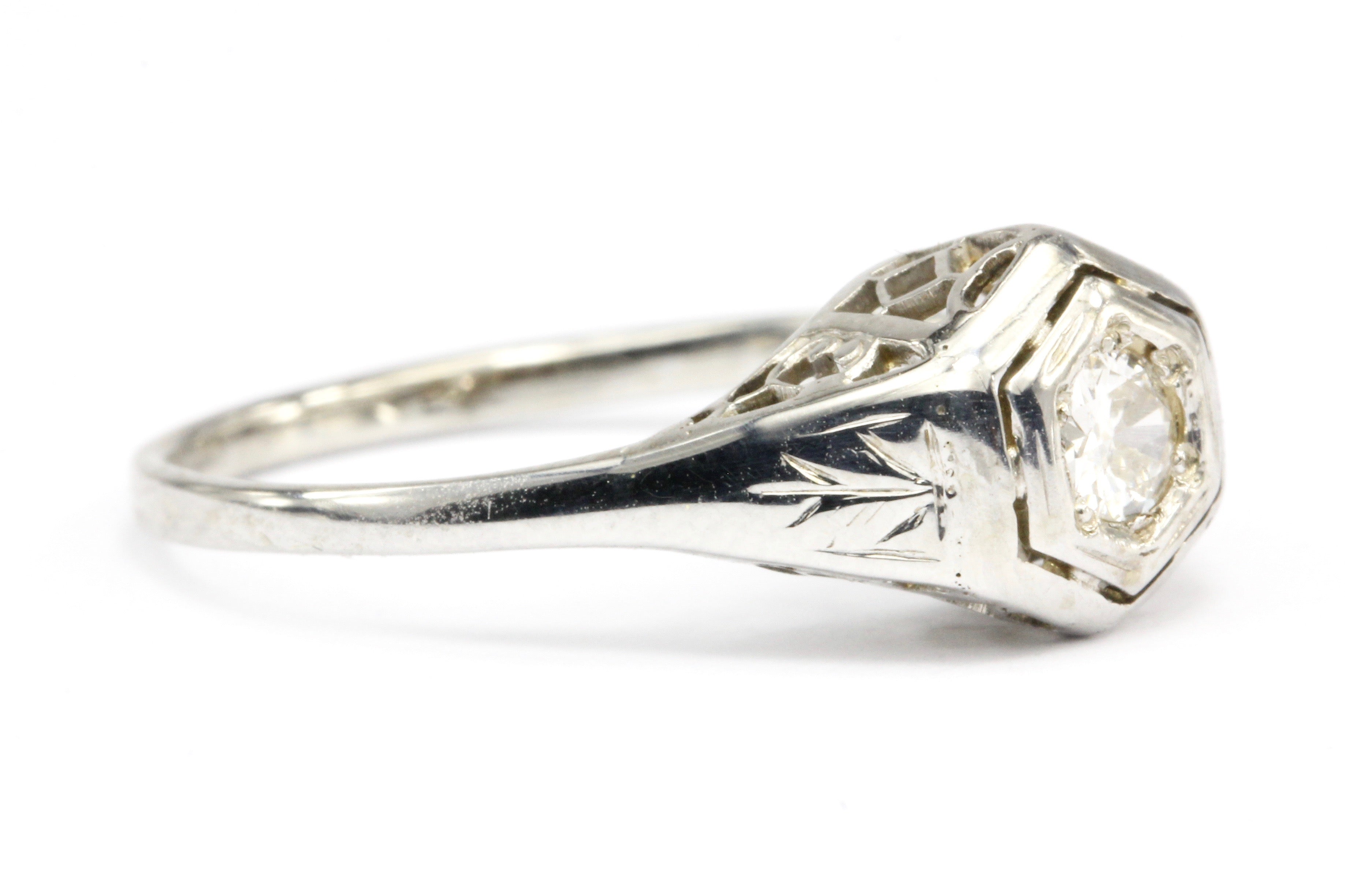 Art Deco 18K & 14K White Gold Diamond in Hexagonal Setting Engagement Ring Size 5.25 - Queen May