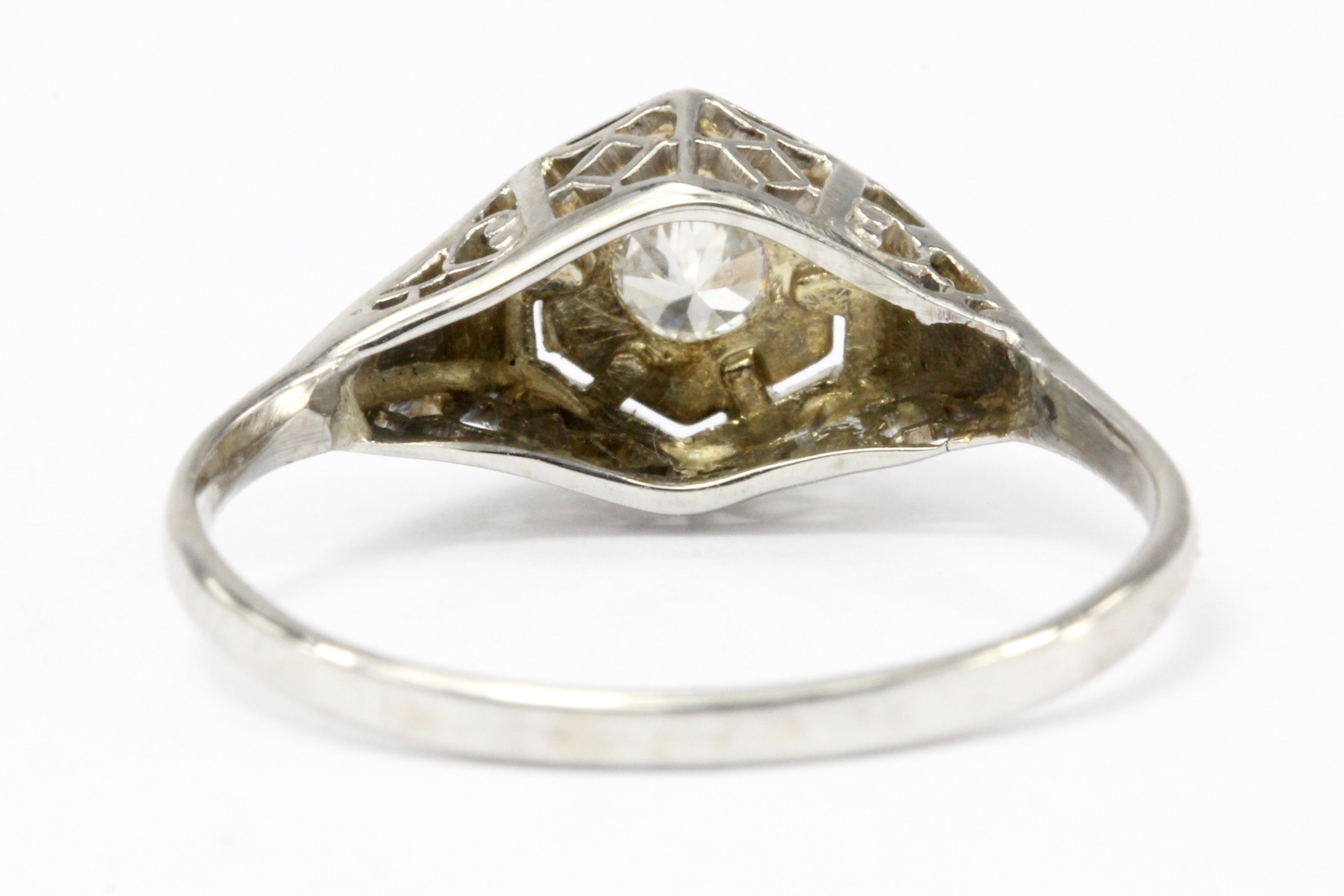 Art Deco 18K & 14K White Gold Diamond in Hexagonal Setting Engagement Ring Size 5.25 - Queen May