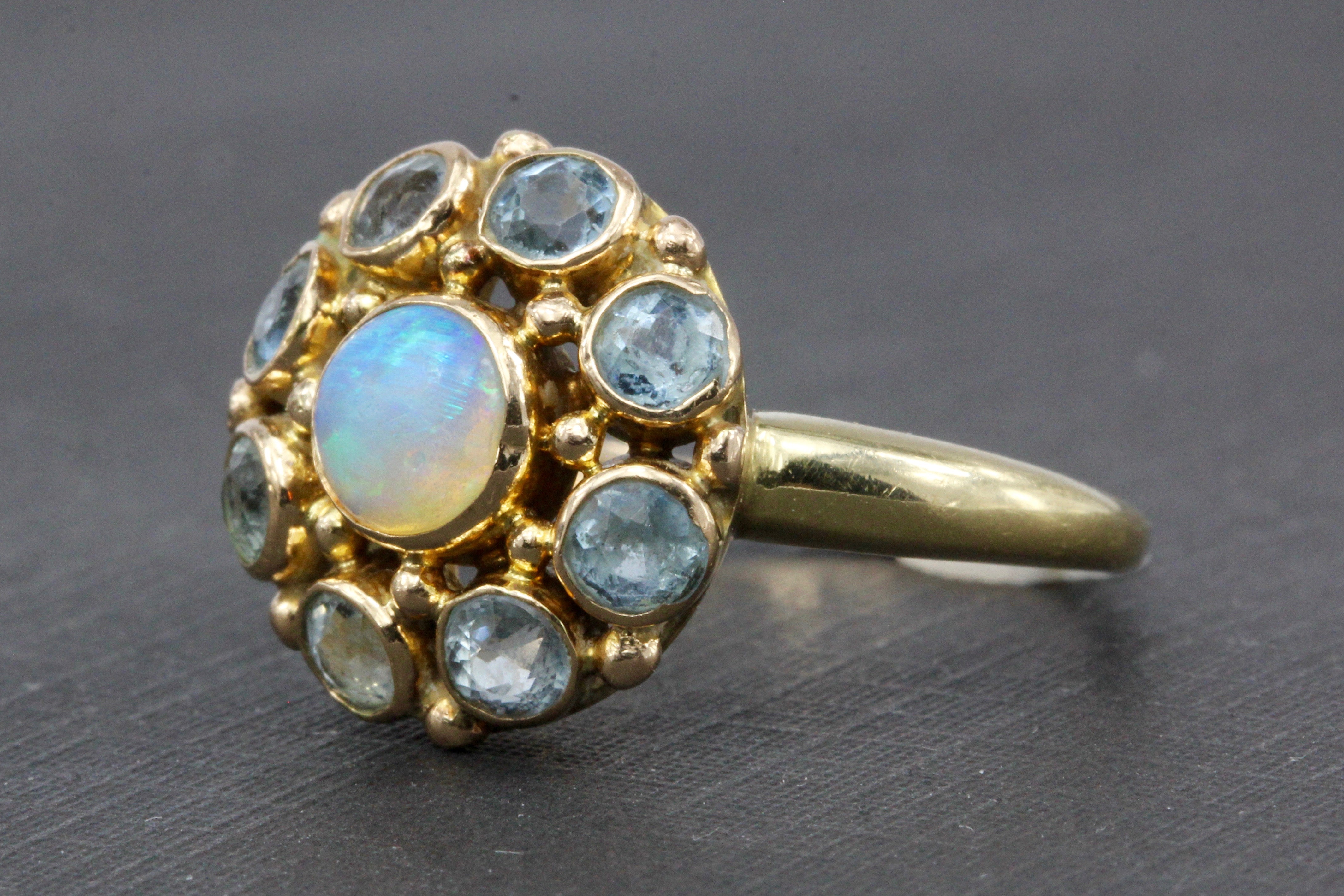 Retro 14K Yellow Gold Opal and Aquamarine Flower Ring Size 6.25 - Queen May