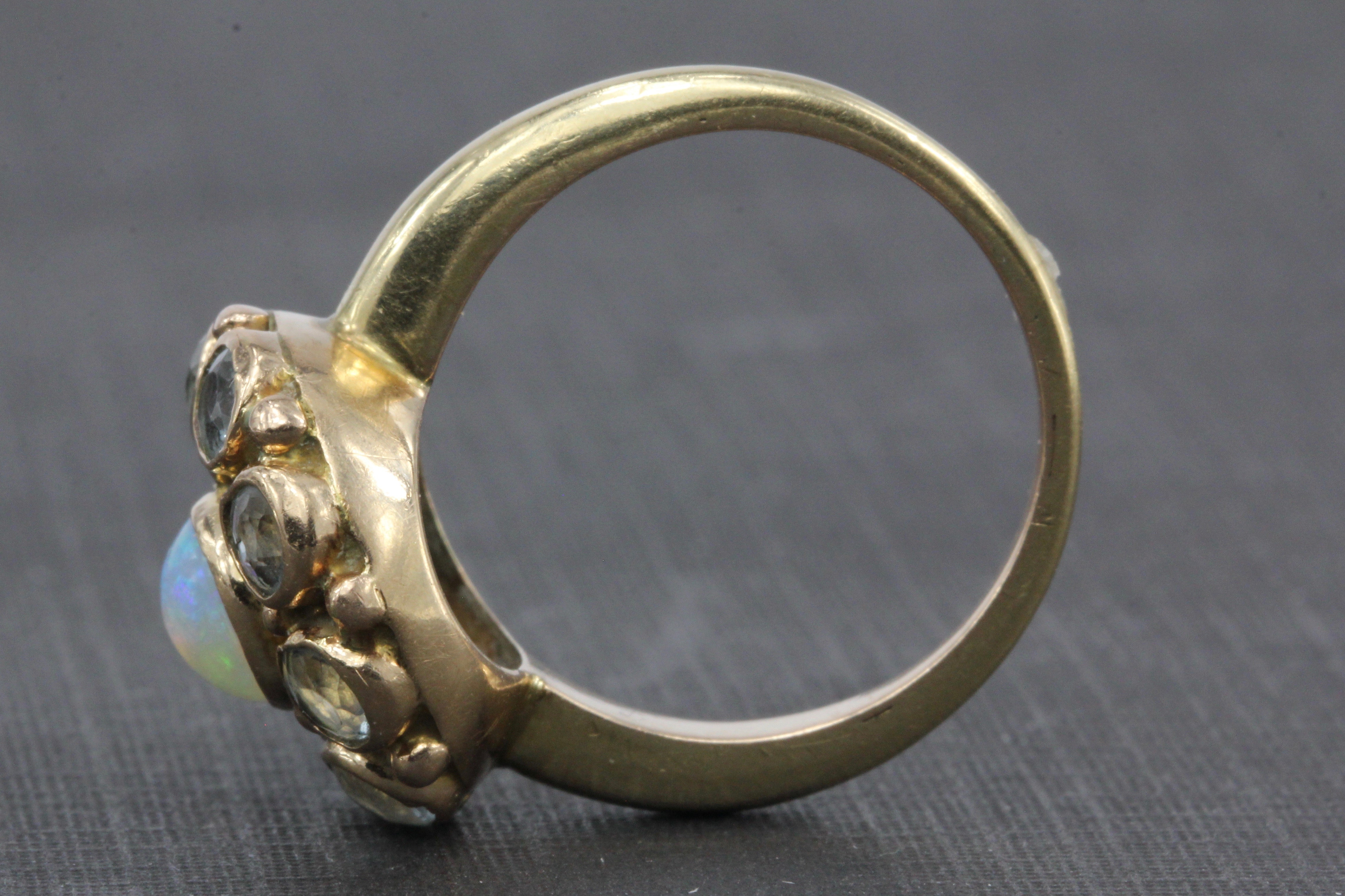 Retro 14K Yellow Gold Opal and Aquamarine Flower Ring Size 6.25 - Queen May