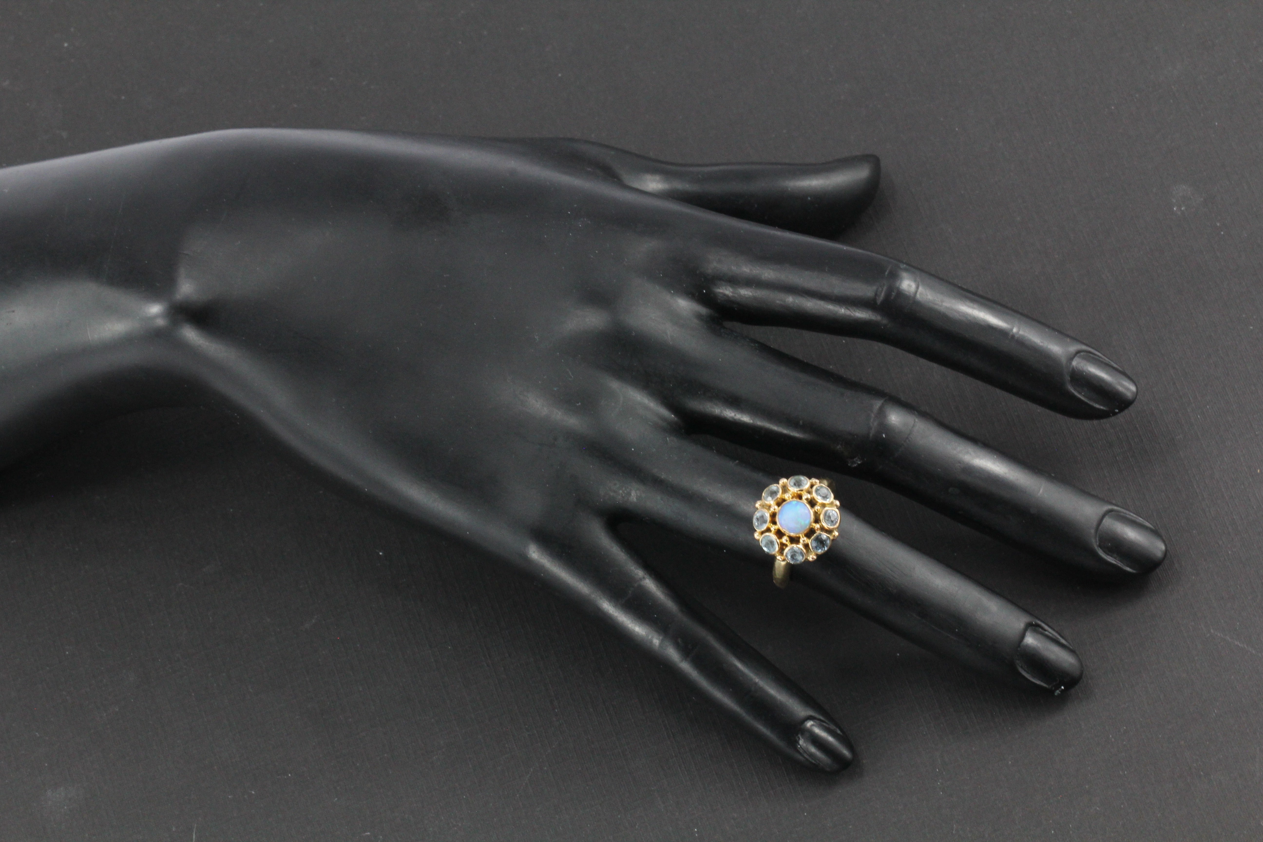 Retro 14K Yellow Gold Opal and Aquamarine Flower Ring Size 6.25 - Queen May