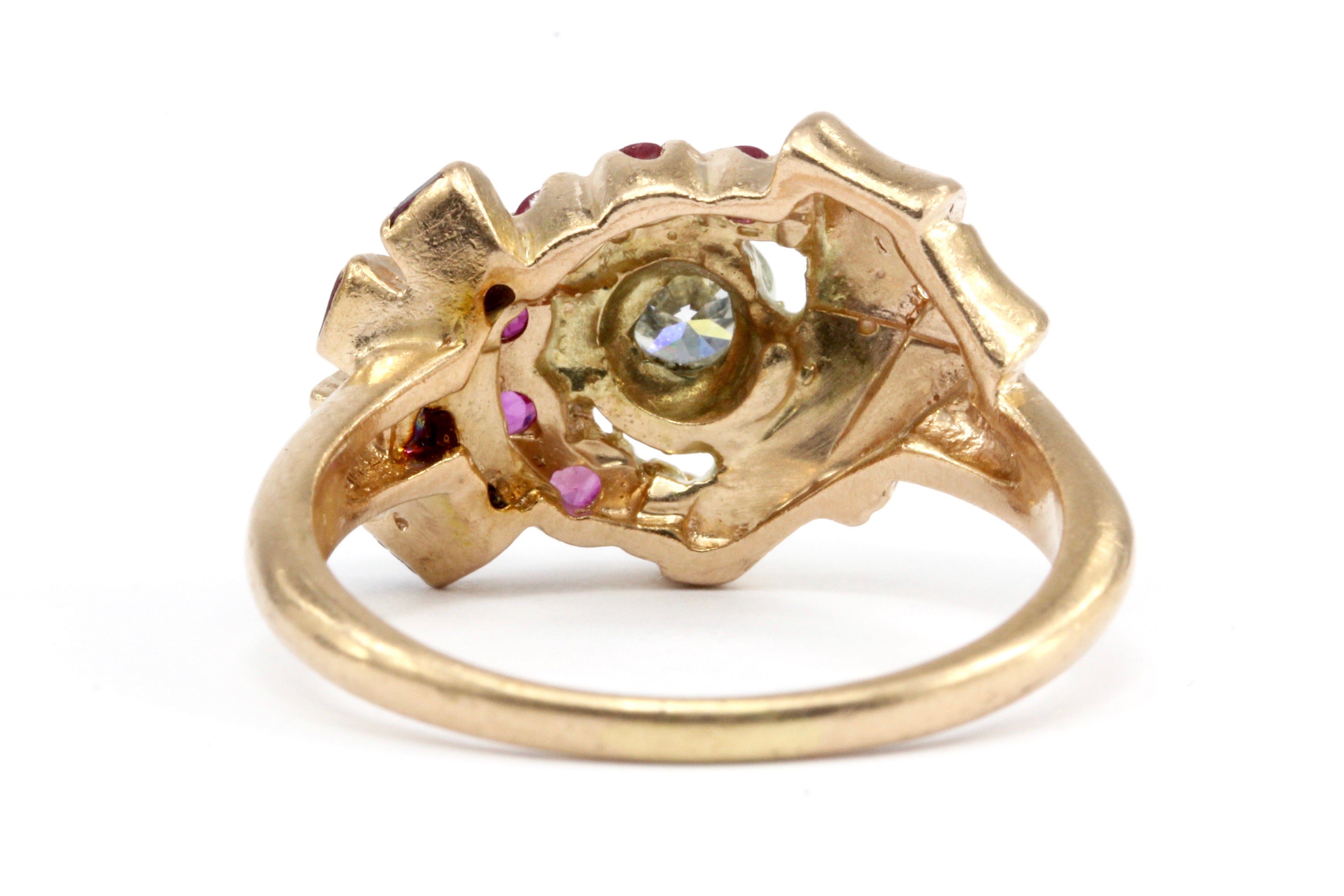 Retro 1940s 14K Rose Gold Diamond and Ruby Stylized Bow Ring Size 7 - Queen May