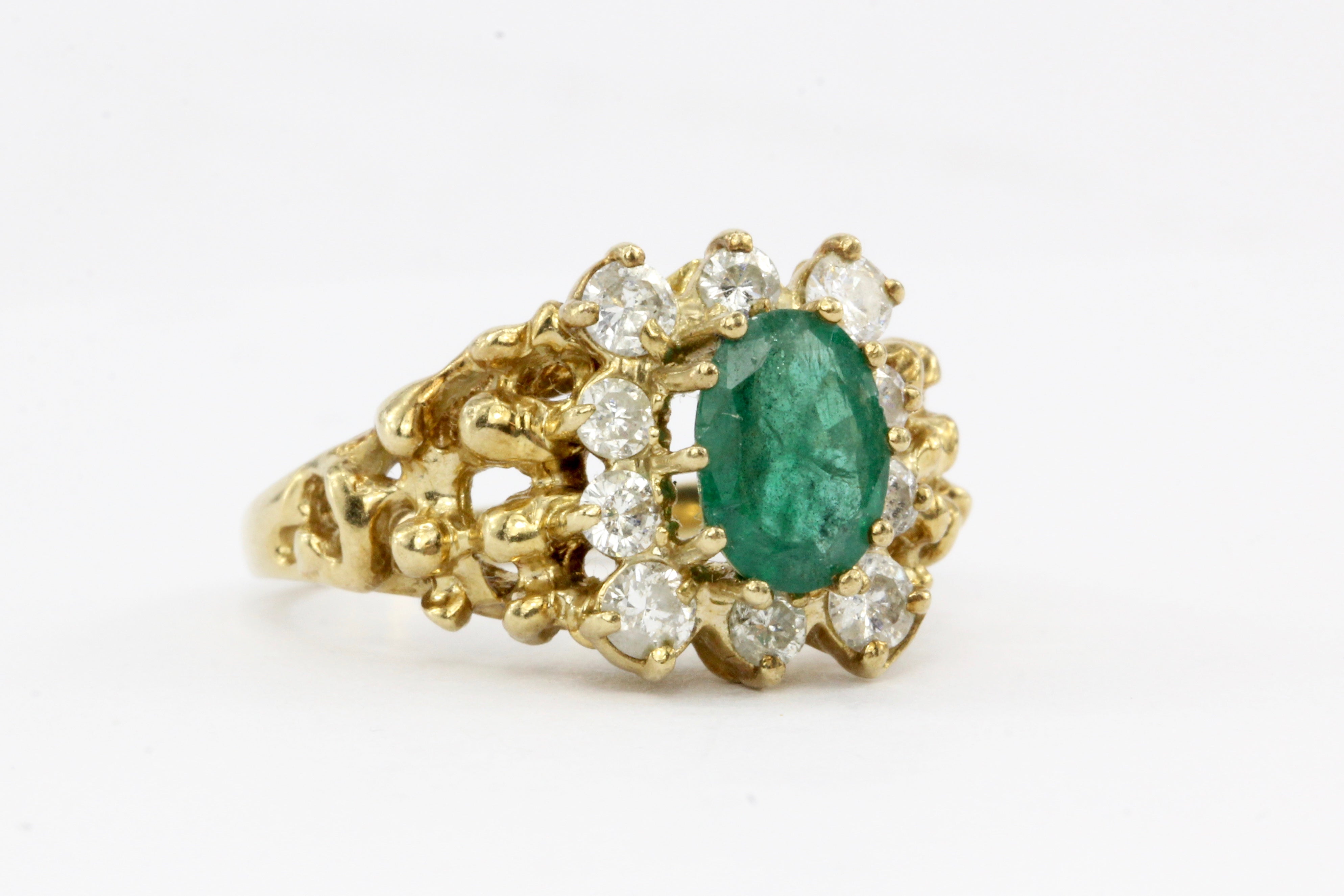 14K Yellow Gold .85 CT Natural Emerald with .50 CTW Diamond Halo Ring - Queen May