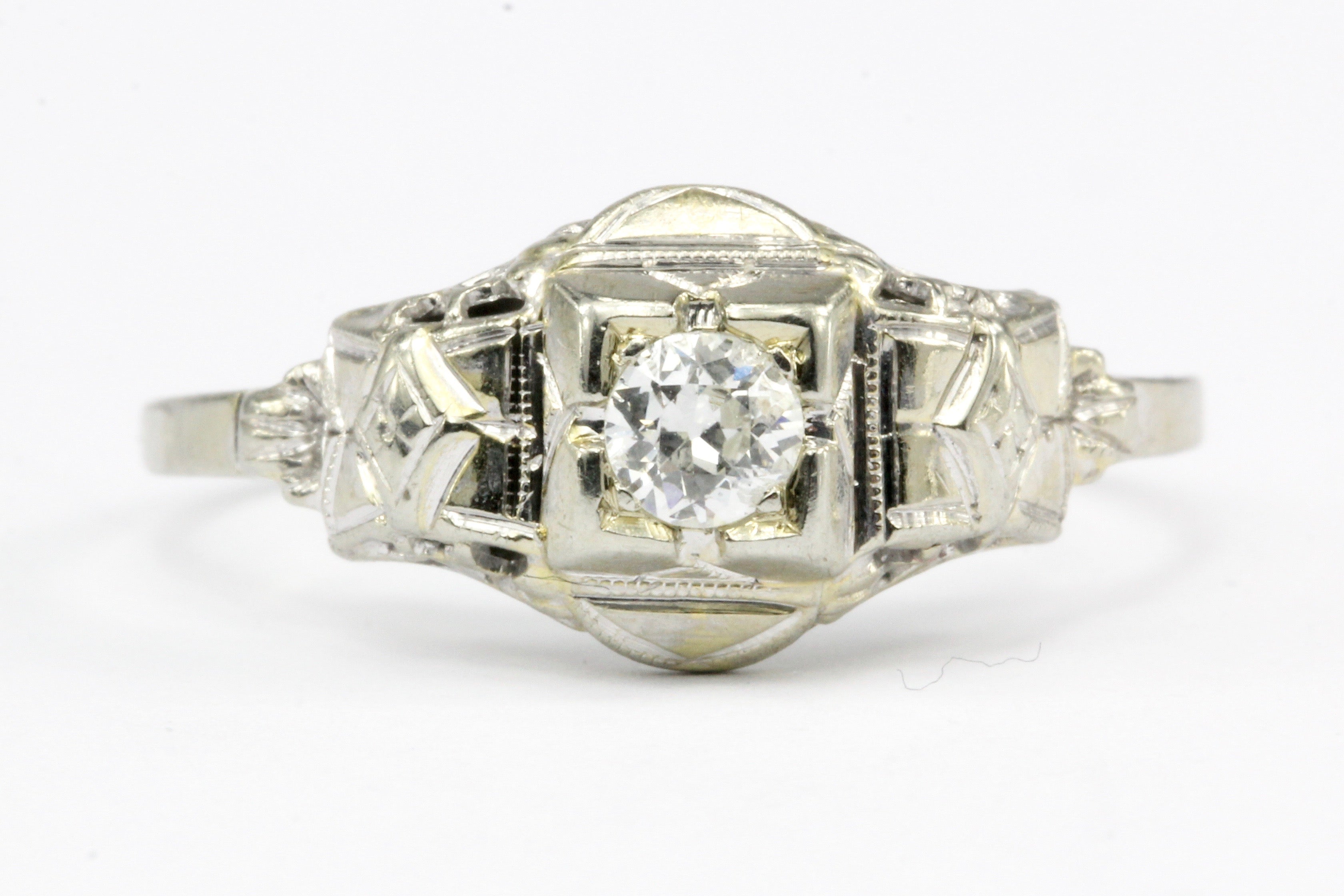 Art Deco 18K White Gold Diamond Engagement Ring Size 7.25 - Queen May