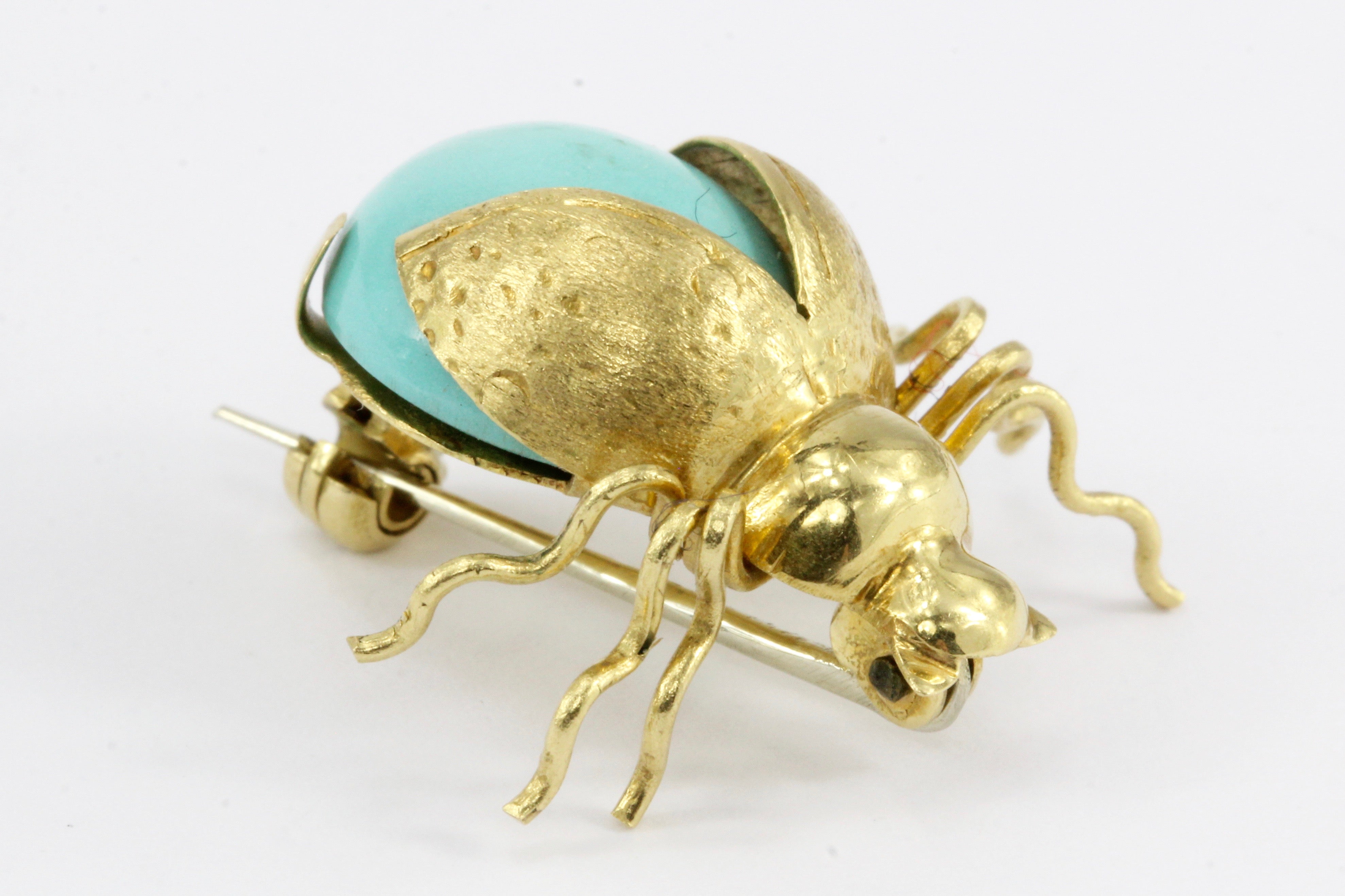 Vintage 18K Yellow Gold Turquoise Glass Beetle Pin - Queen May