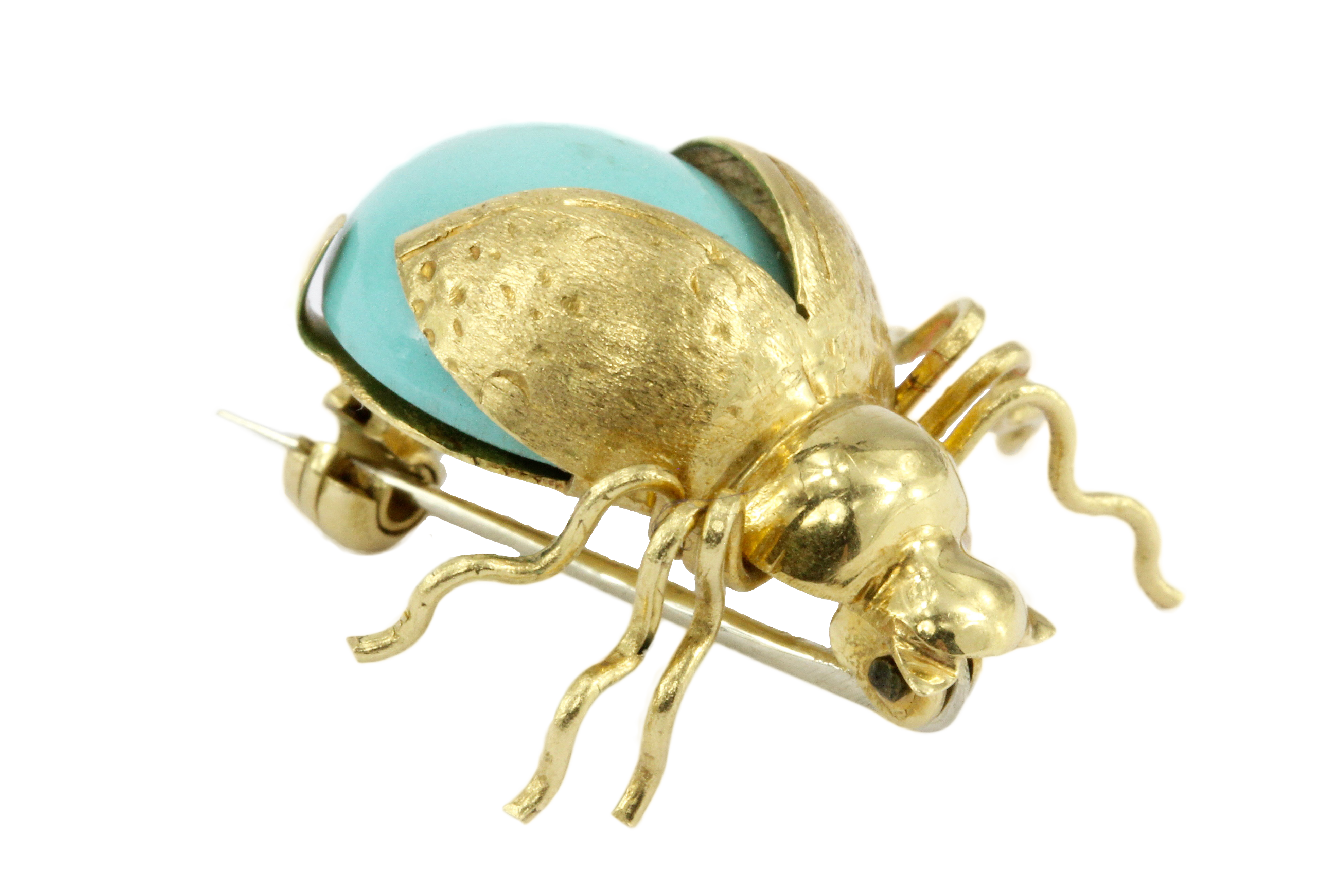 Vintage 18K Yellow Gold Turquoise Glass Beetle Pin - Queen May
