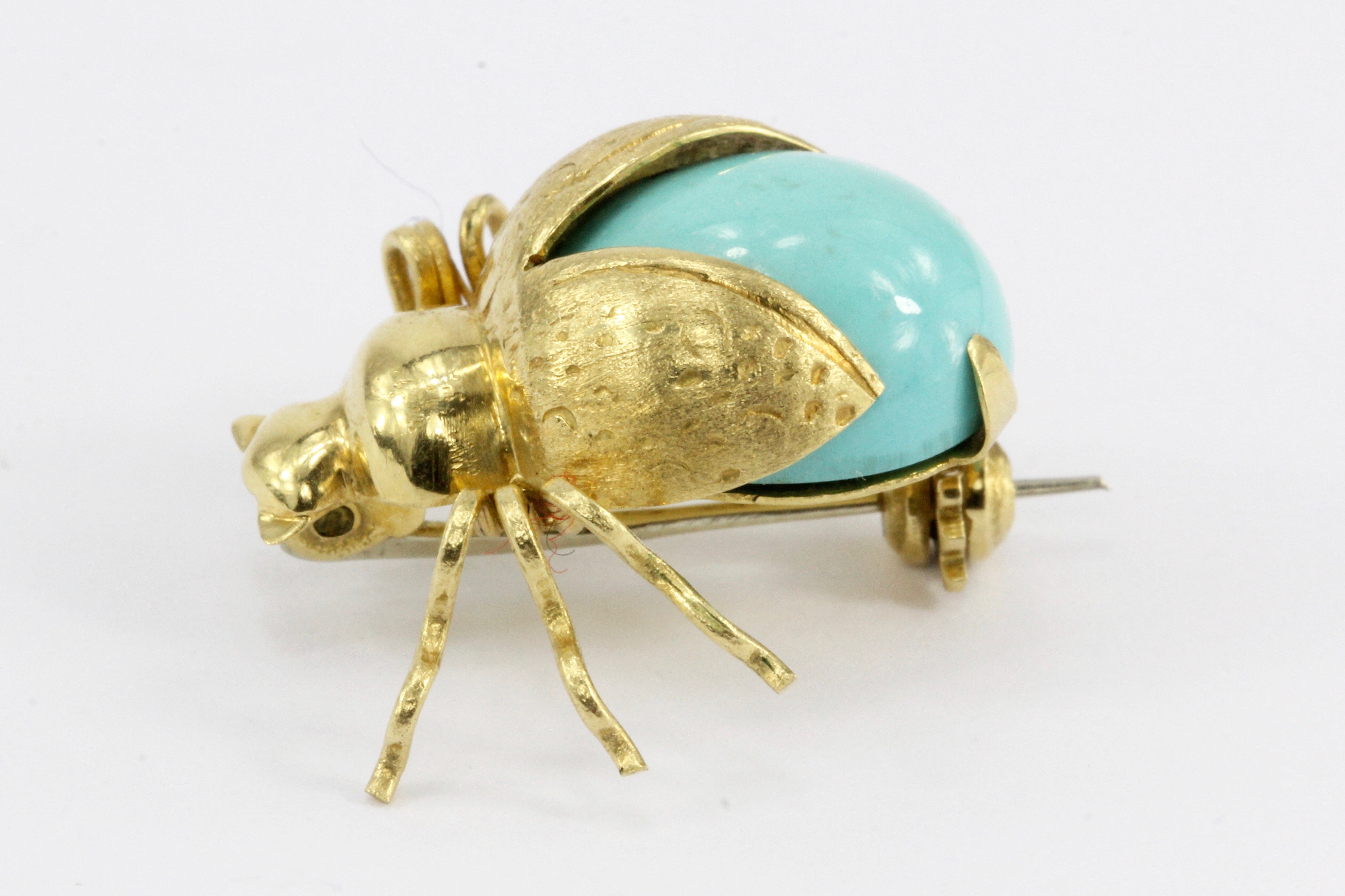 Vintage 18K Yellow Gold Turquoise Glass Beetle Pin - Queen May
