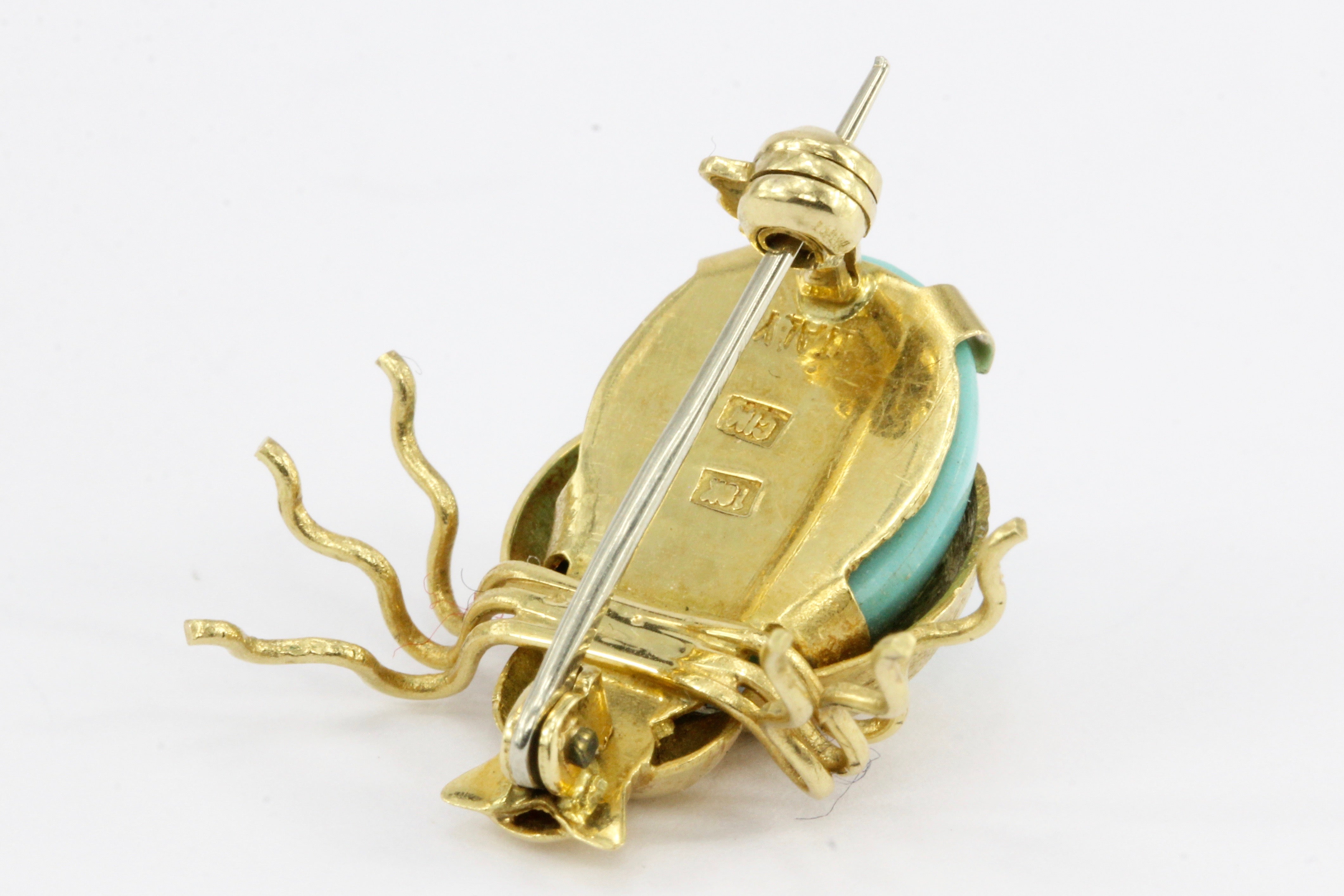 Vintage 18K Yellow Gold Turquoise Glass Beetle Pin - Queen May