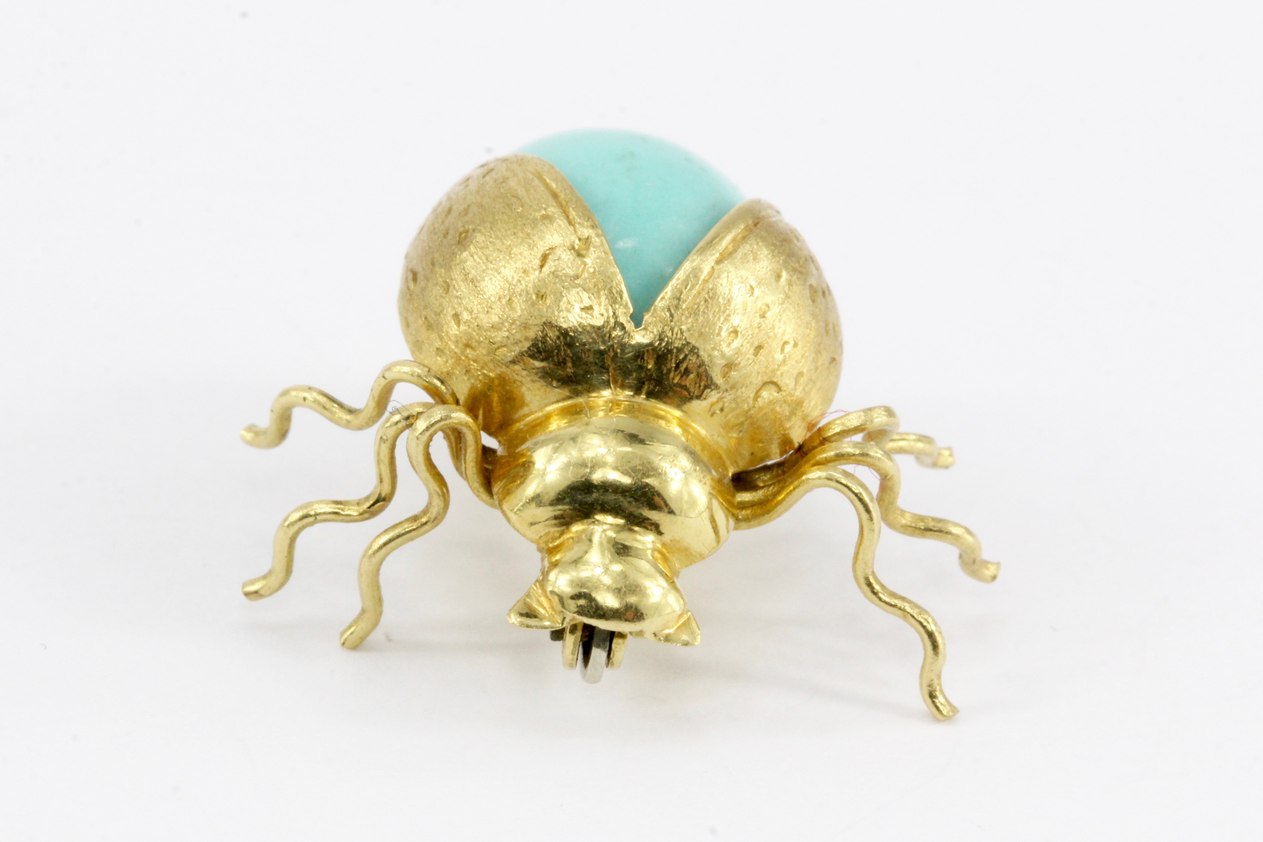 Vintage 18K Yellow Gold Turquoise Glass Beetle Pin - Queen May