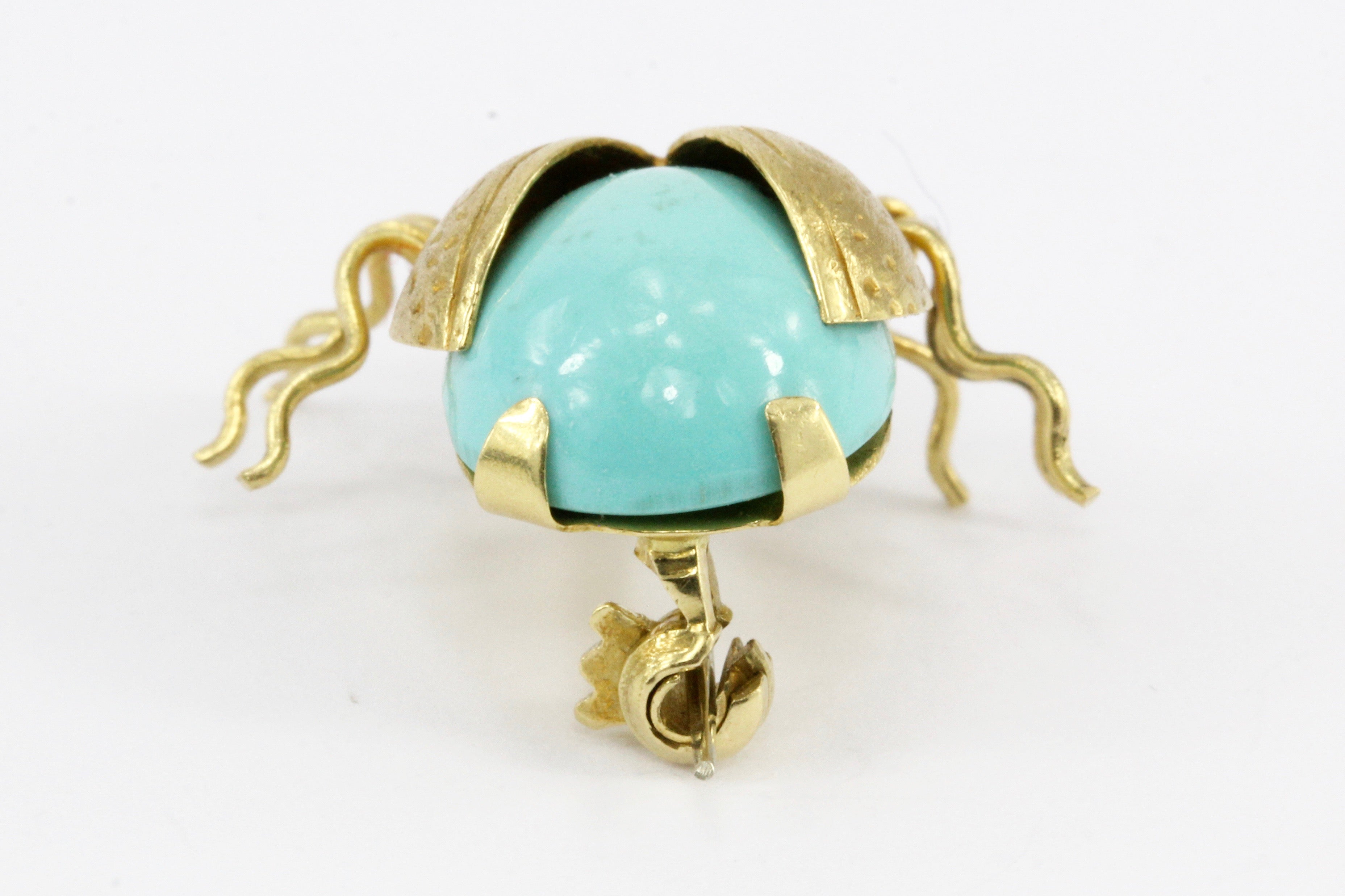 Vintage 18K Yellow Gold Turquoise Glass Beetle Pin - Queen May