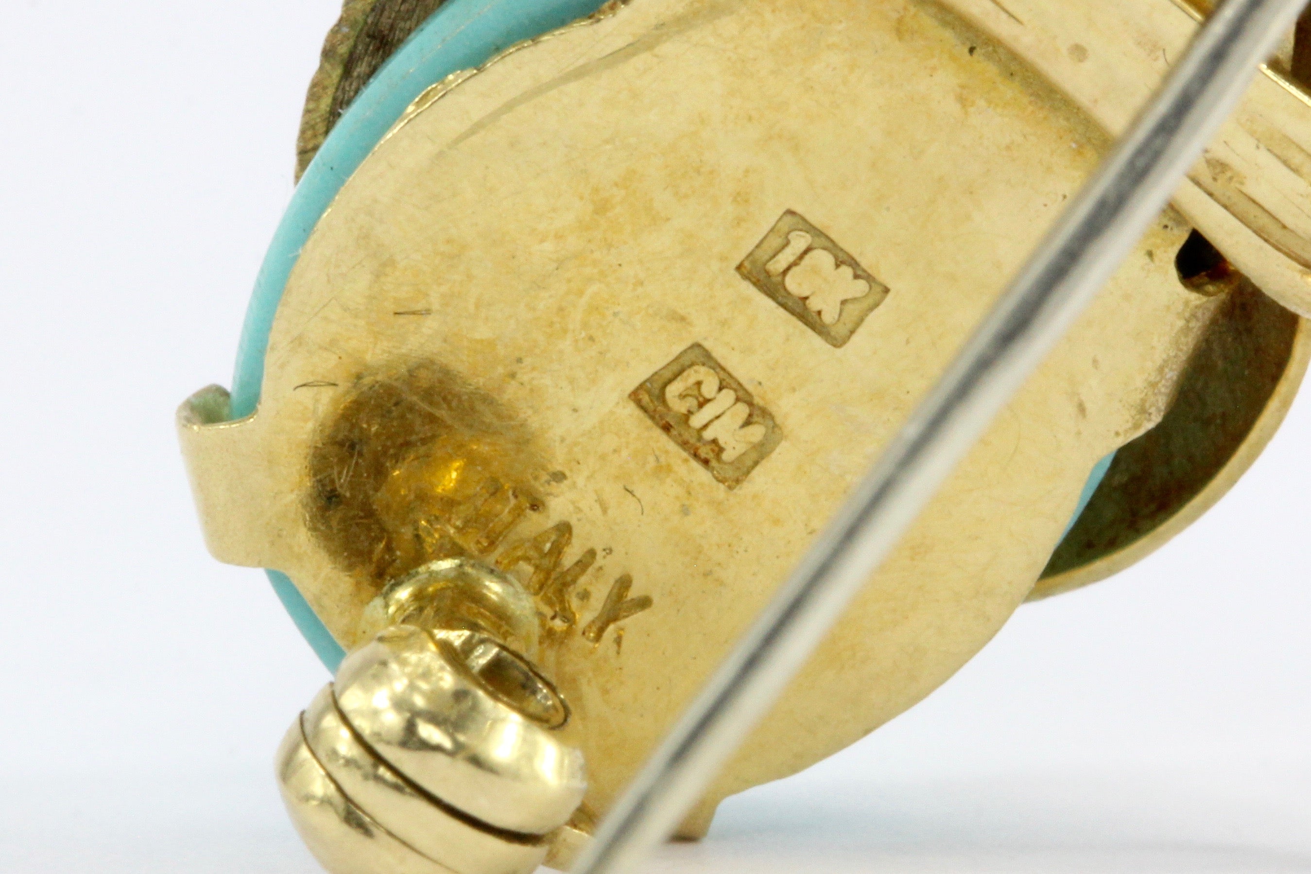 Vintage 18K Yellow Gold Turquoise Glass Beetle Pin - Queen May