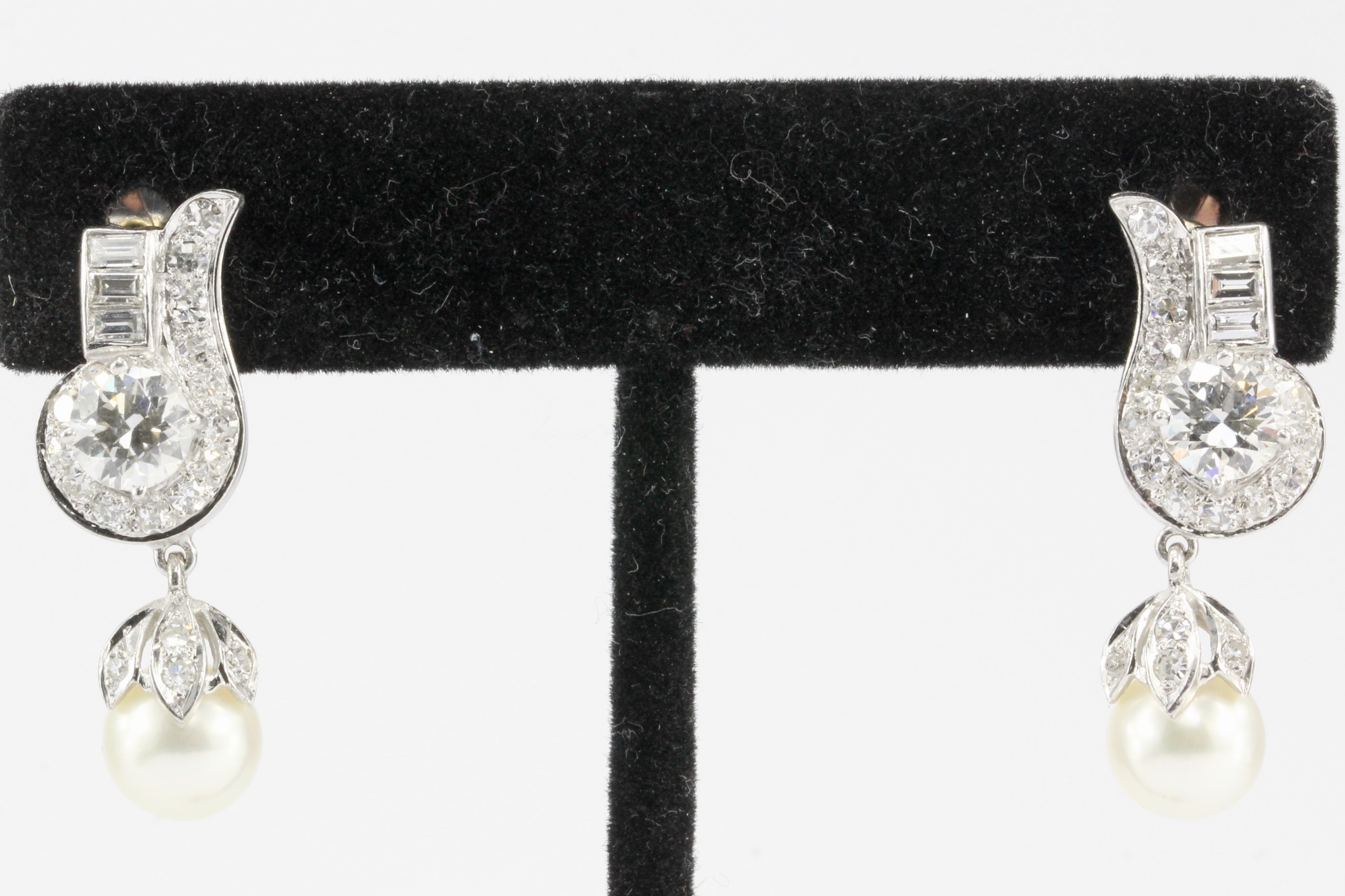 Retro Platinum 2.35CTW Diamond and Pearl Drop Earrings - Queen May