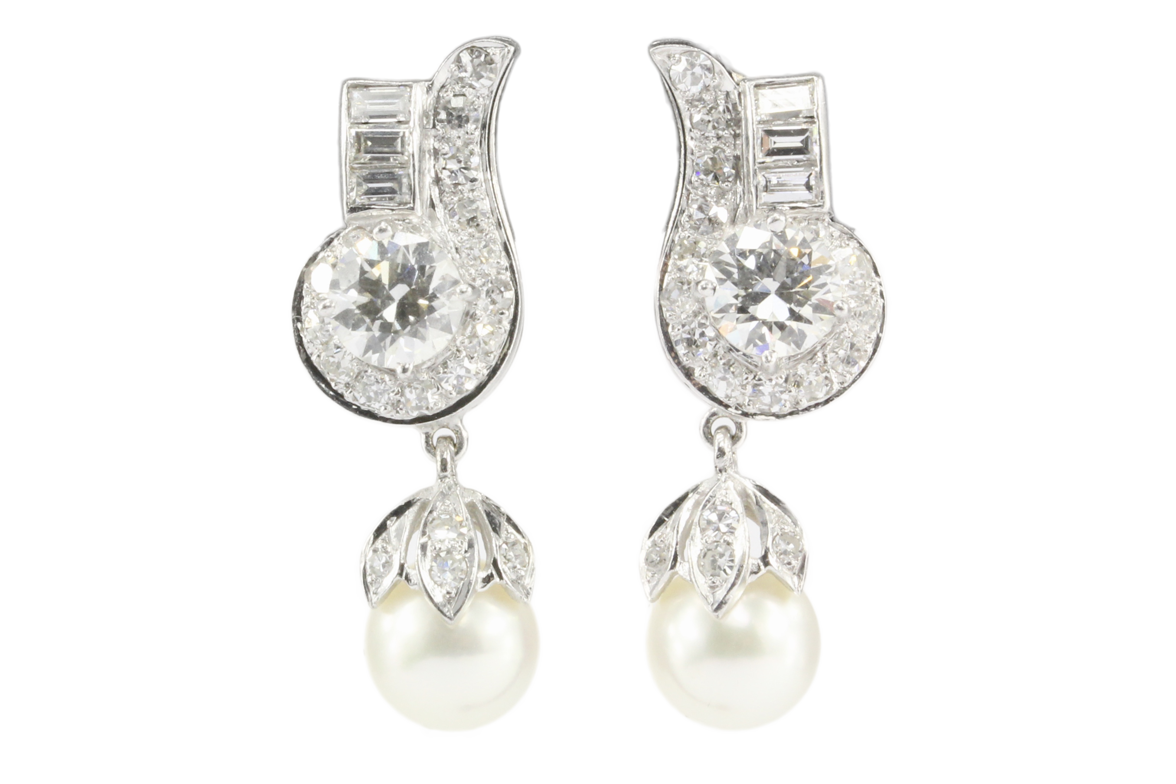Retro Platinum 2.35CTW Diamond and Pearl Drop Earrings - Queen May