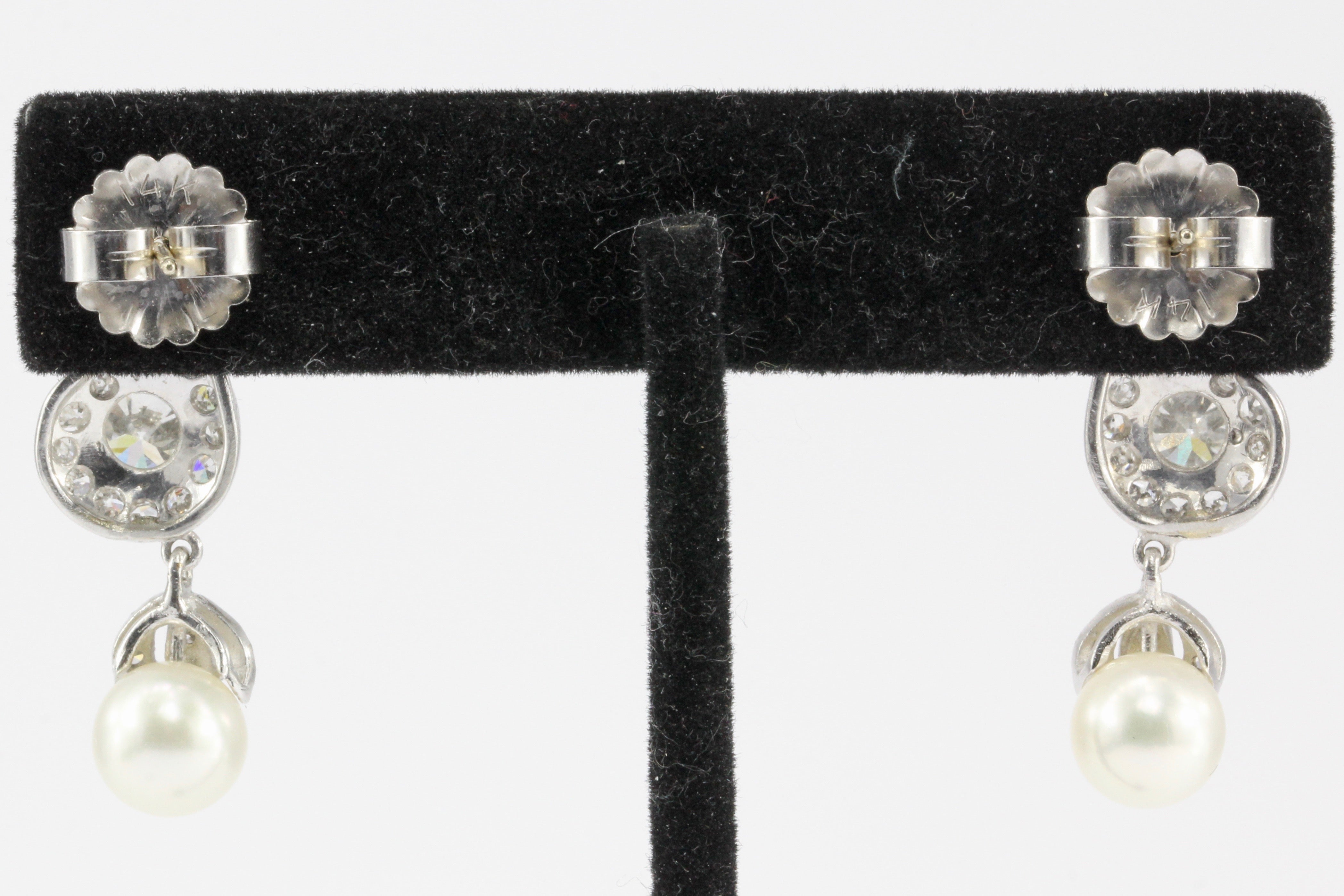 Retro Platinum 2.35CTW Diamond and Pearl Drop Earrings - Queen May