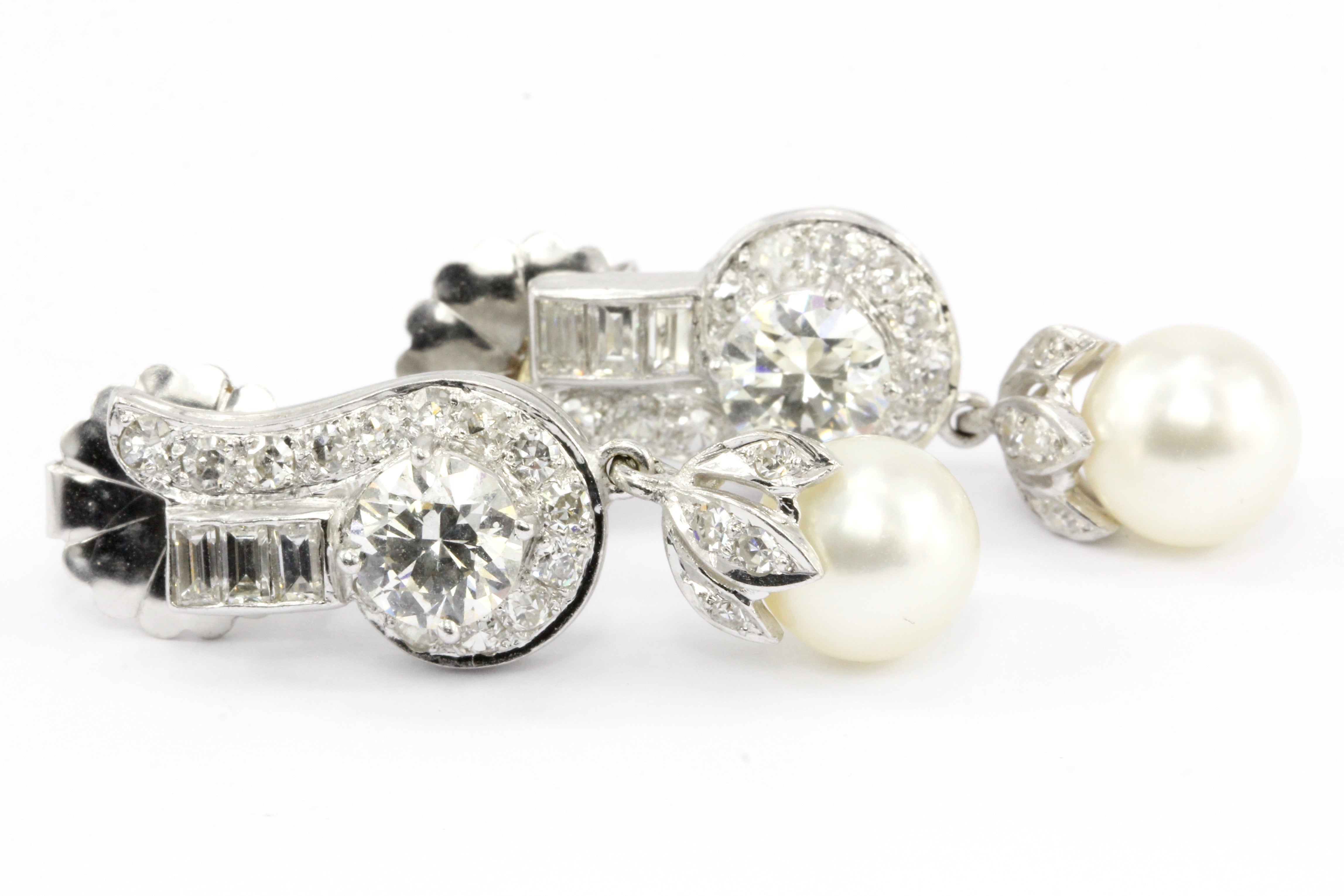 Retro Platinum 2.35CTW Diamond and Pearl Drop Earrings - Queen May