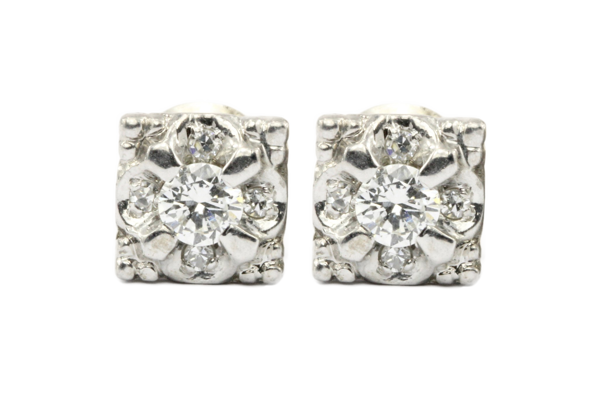 14K White Gold .20 CTW Diamond Cluster Screw Back Earrings - Queen May