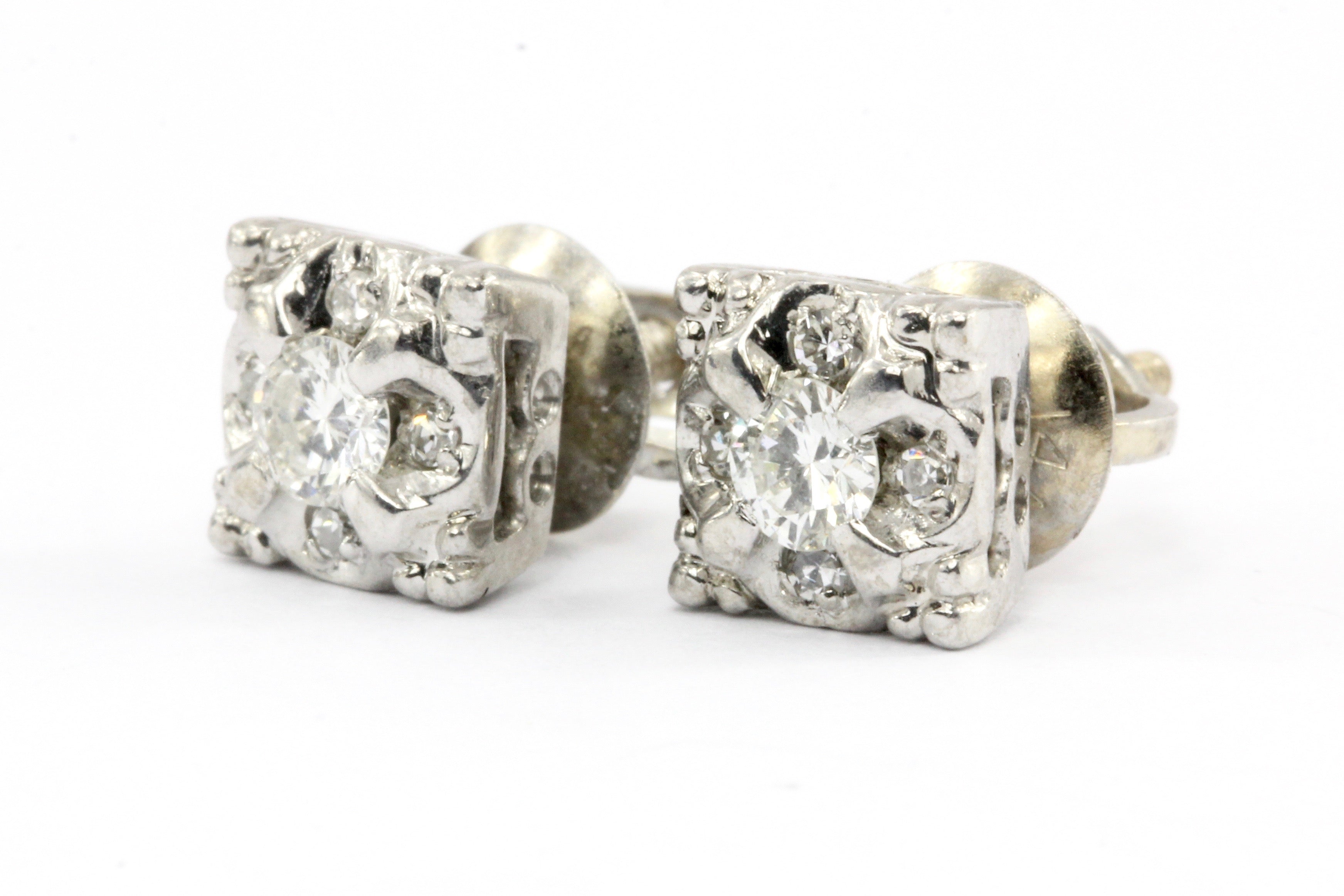 14K White Gold .20 CTW Diamond Cluster Screw Back Earrings - Queen May