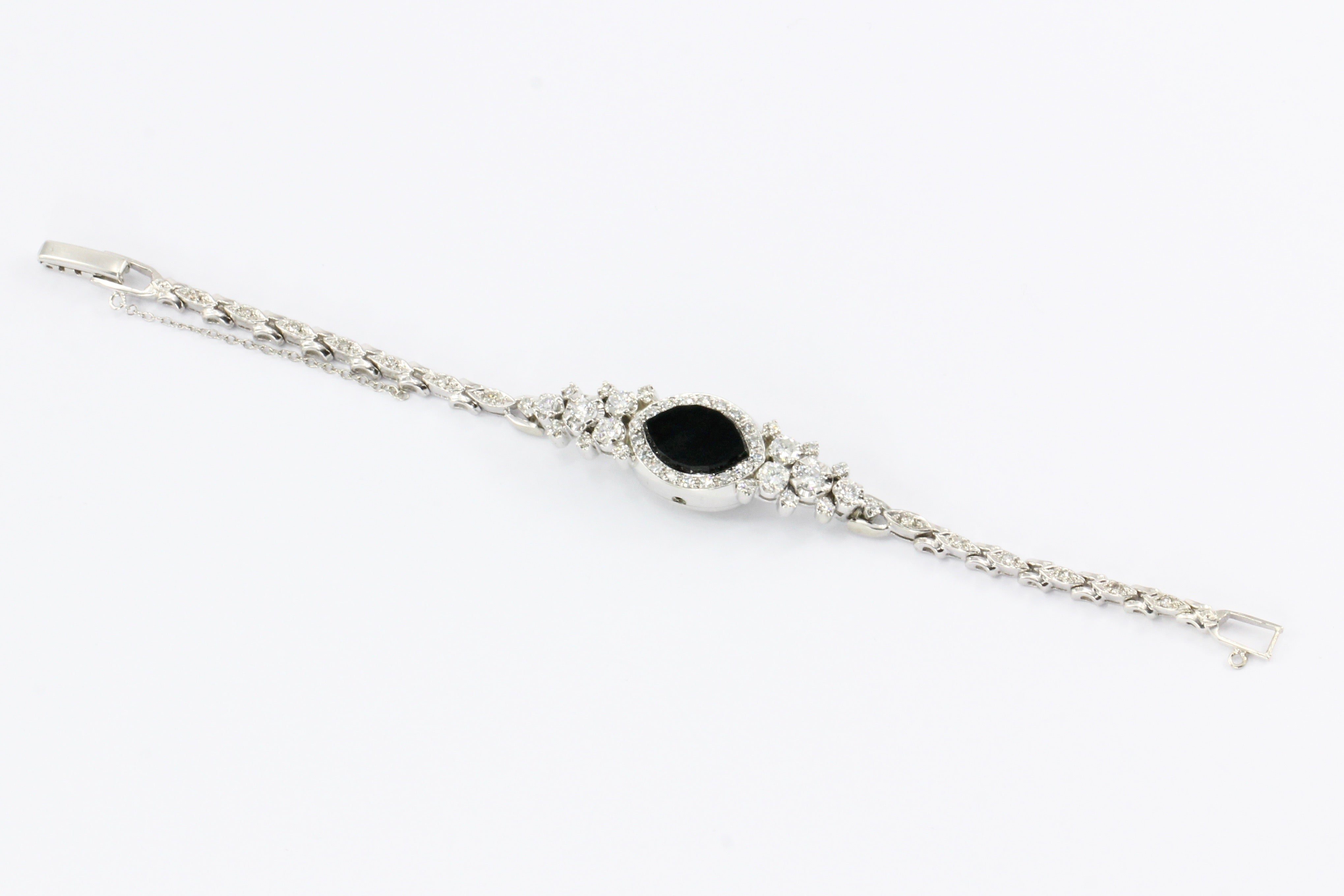 14K White Gold Diamond and Onyx Watch Conversion Bracelet - Queen May