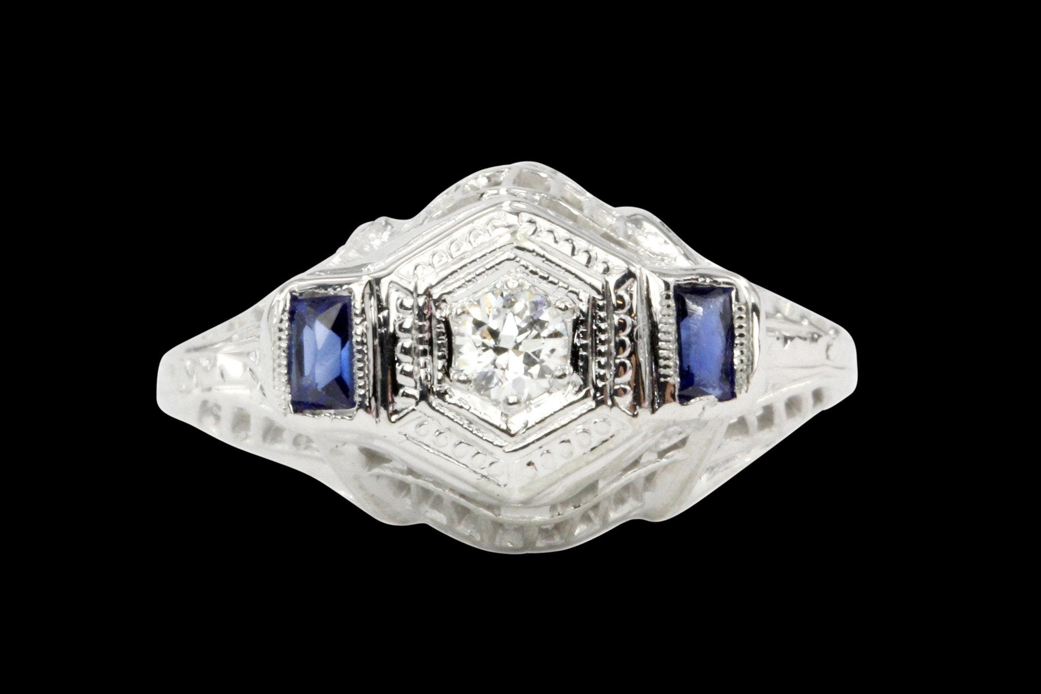 Art Deco 18K White Gold Diamond & French Cut Sapphires Engagement Ring - Queen May