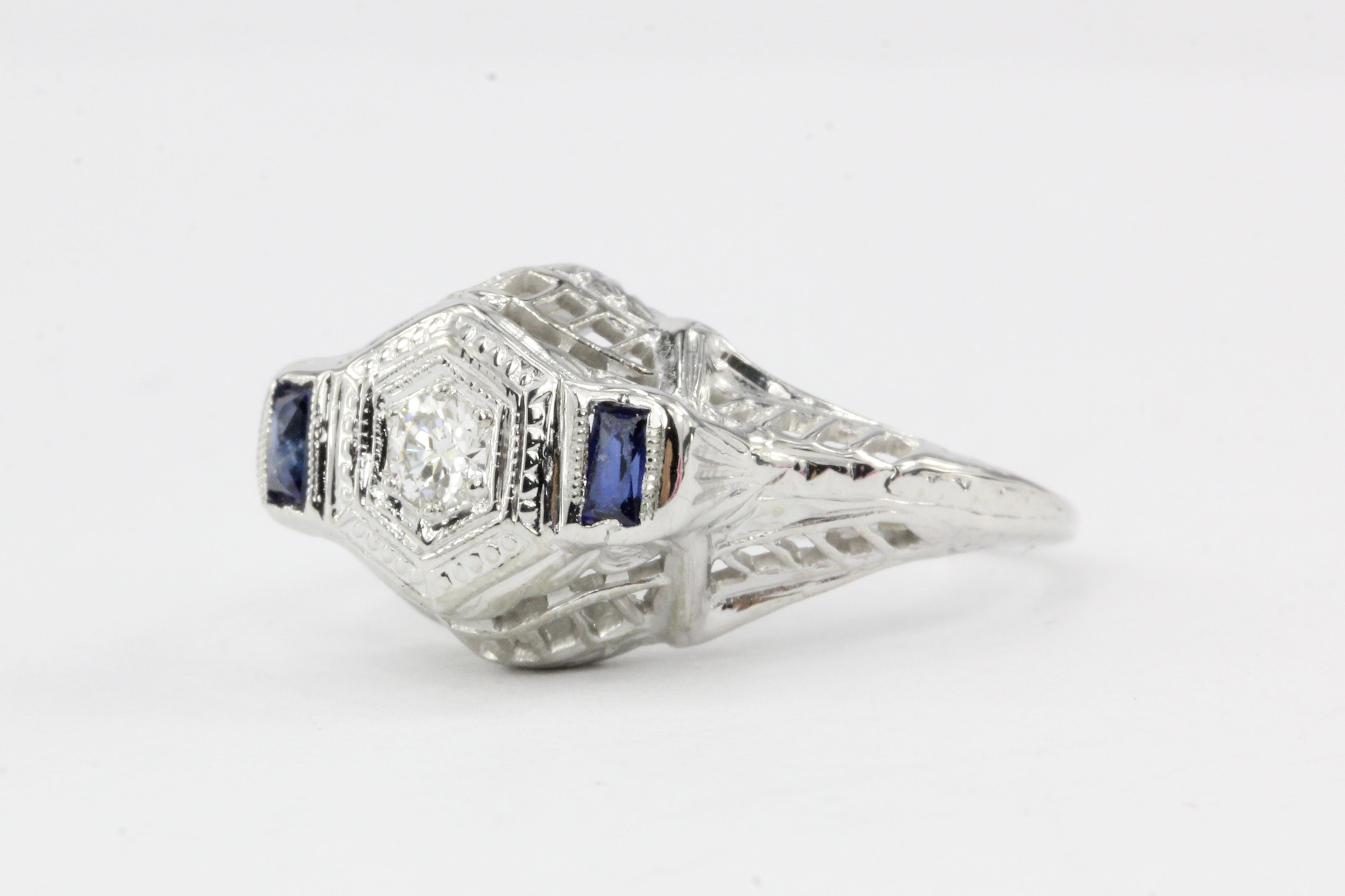 Art Deco 18K White Gold Diamond & French Cut Sapphires Engagement Ring - Queen May