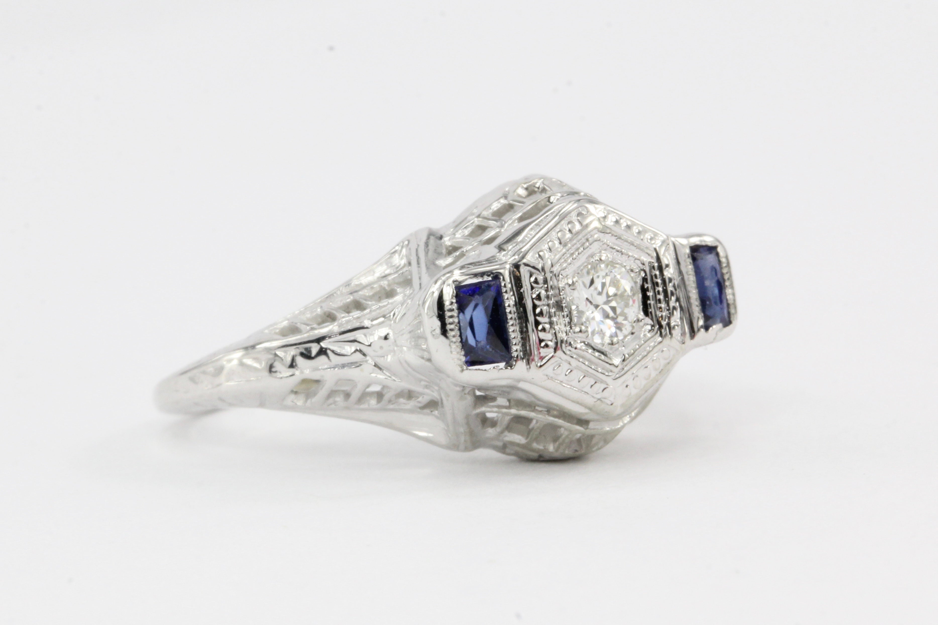 Art Deco 18K White Gold Diamond & French Cut Sapphires Engagement Ring - Queen May