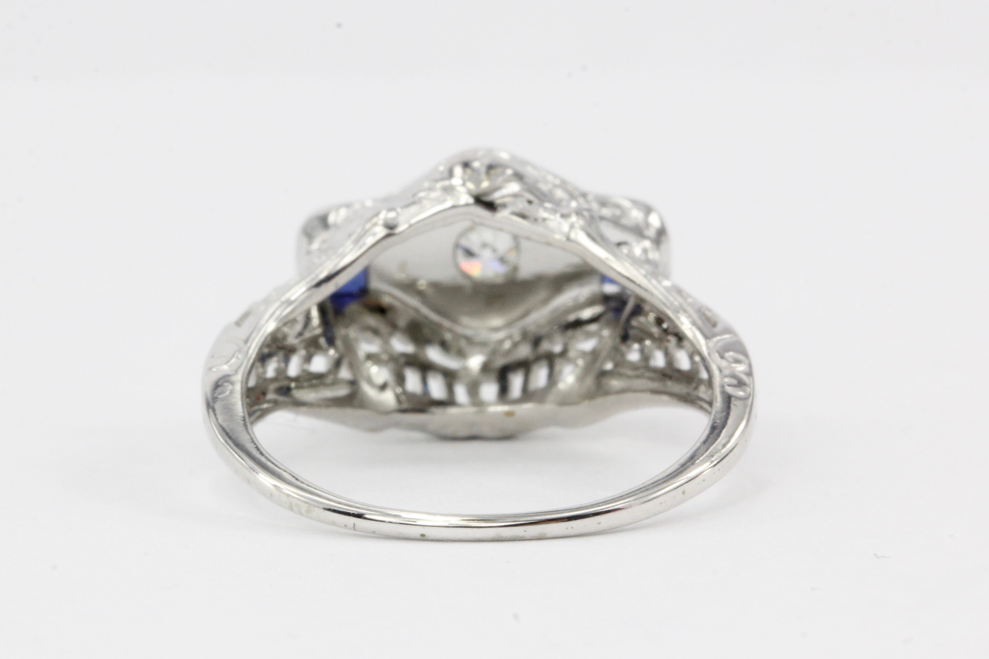 Art Deco 18K White Gold Diamond & French Cut Sapphires Engagement Ring - Queen May