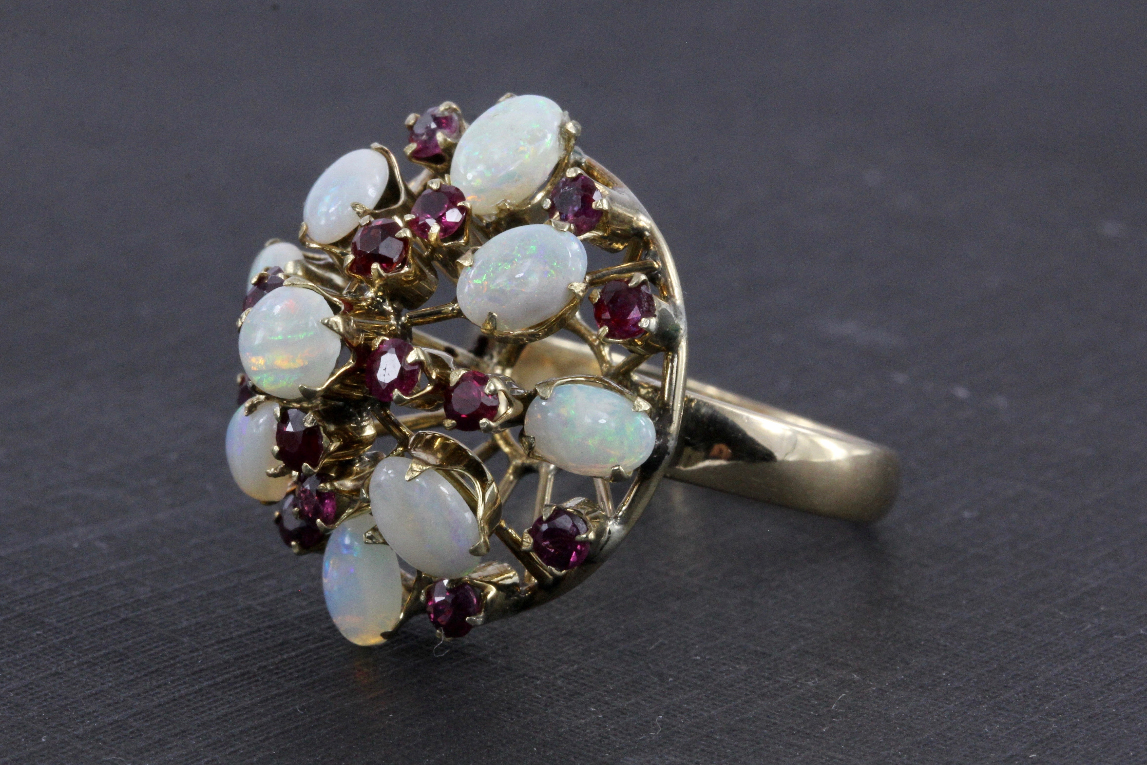 Retro 18K Yellow Gold Opal and Ruby Cocktail Ring Size 7.5 - Queen May