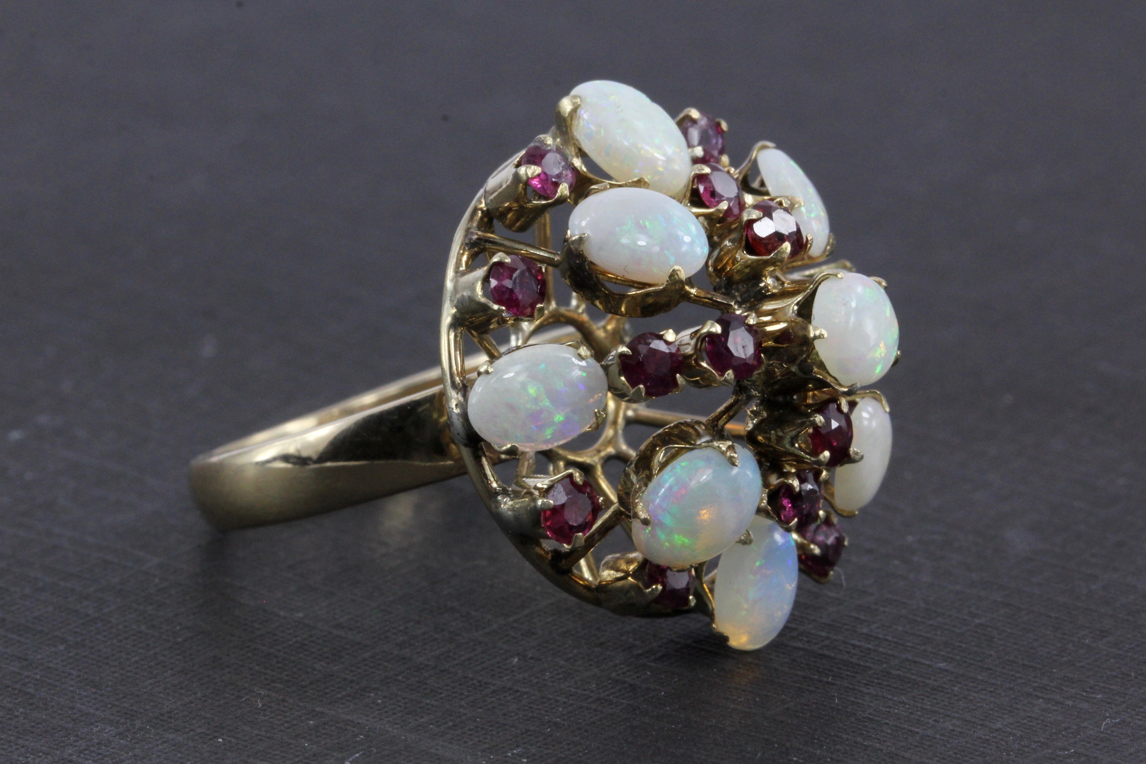 Retro 18K Yellow Gold Opal and Ruby Cocktail Ring Size 7.5 - Queen May