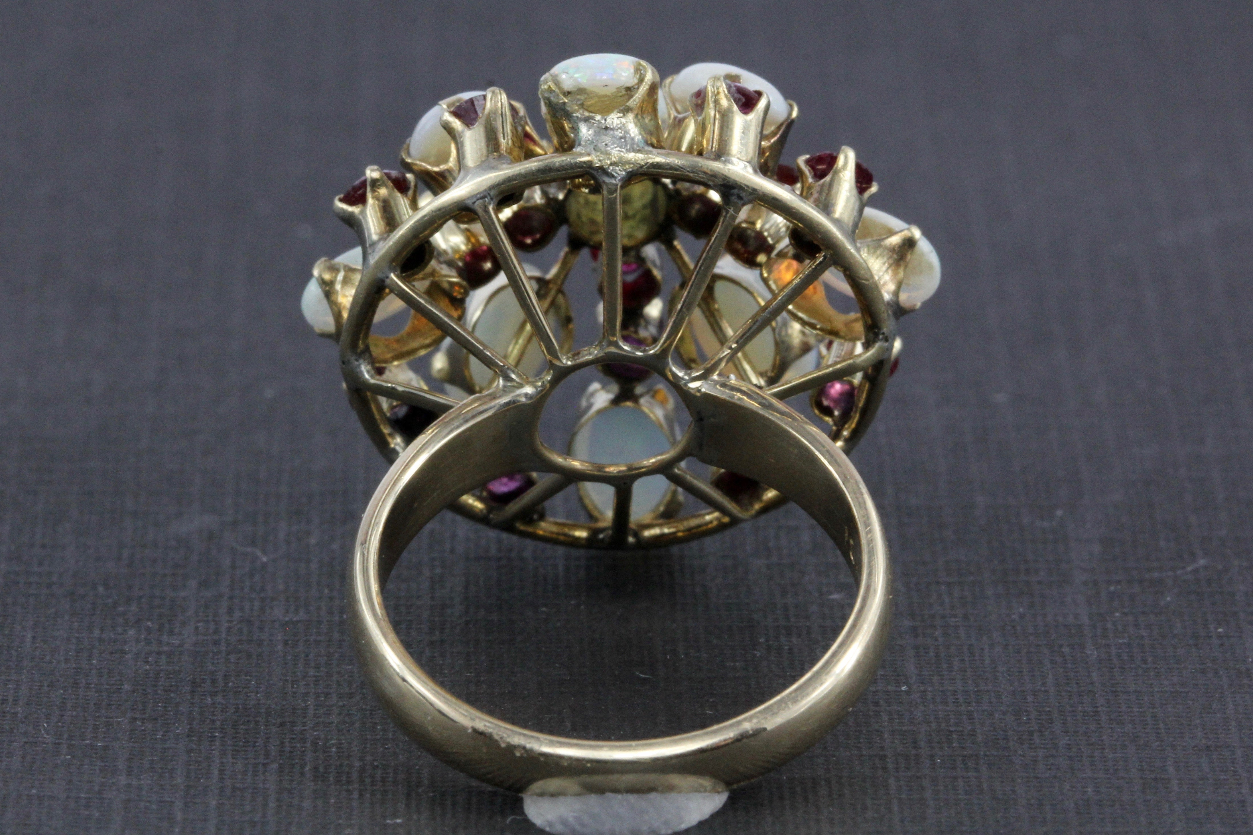 Retro 18K Yellow Gold Opal and Ruby Cocktail Ring Size 7.5 - Queen May