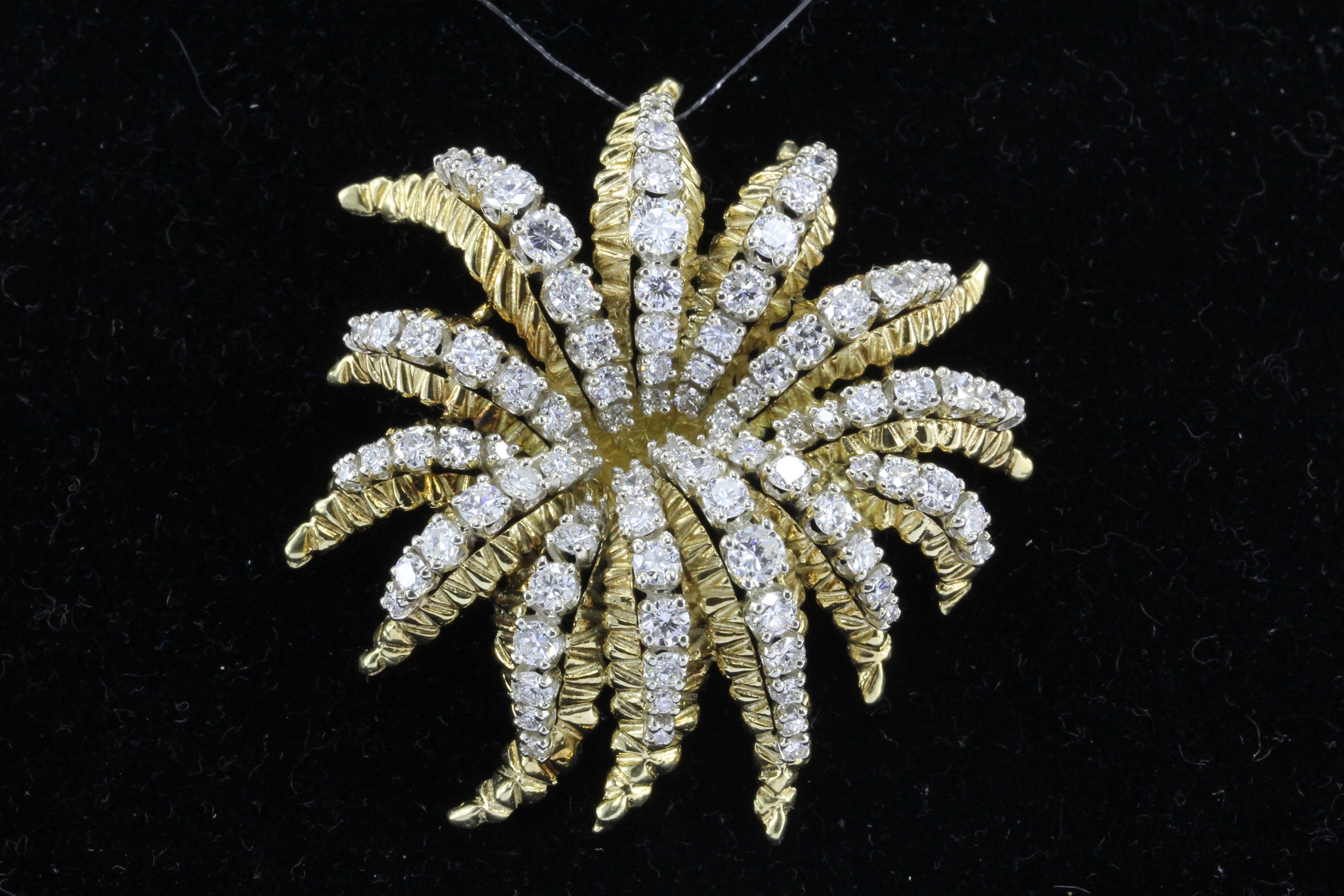 Vintage 18K Yellow Gold French 5.5 Carat Diamond Floral Modernist Converted Pendant - Queen May