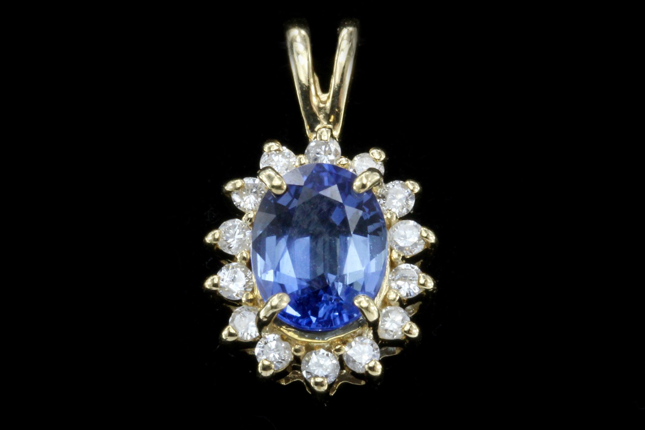 14K Yellow Gold Natural Unheated Intense Blue Sapphire and Diamond Pendant Necklace - Queen May