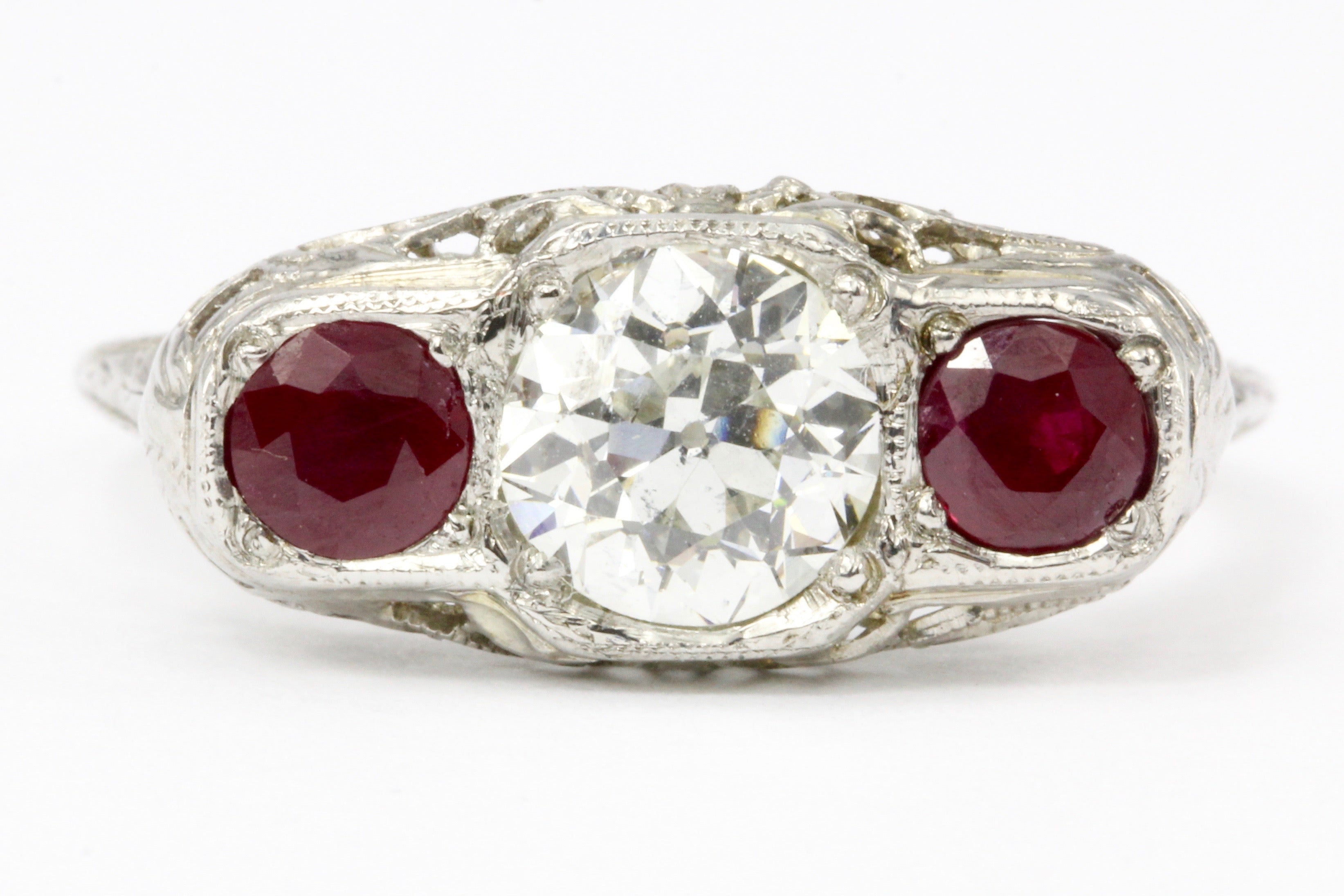 Art Deco 14K White Gold Old European Cut GIA Certified Diamond Ruby Ring c.1920's - Queen May