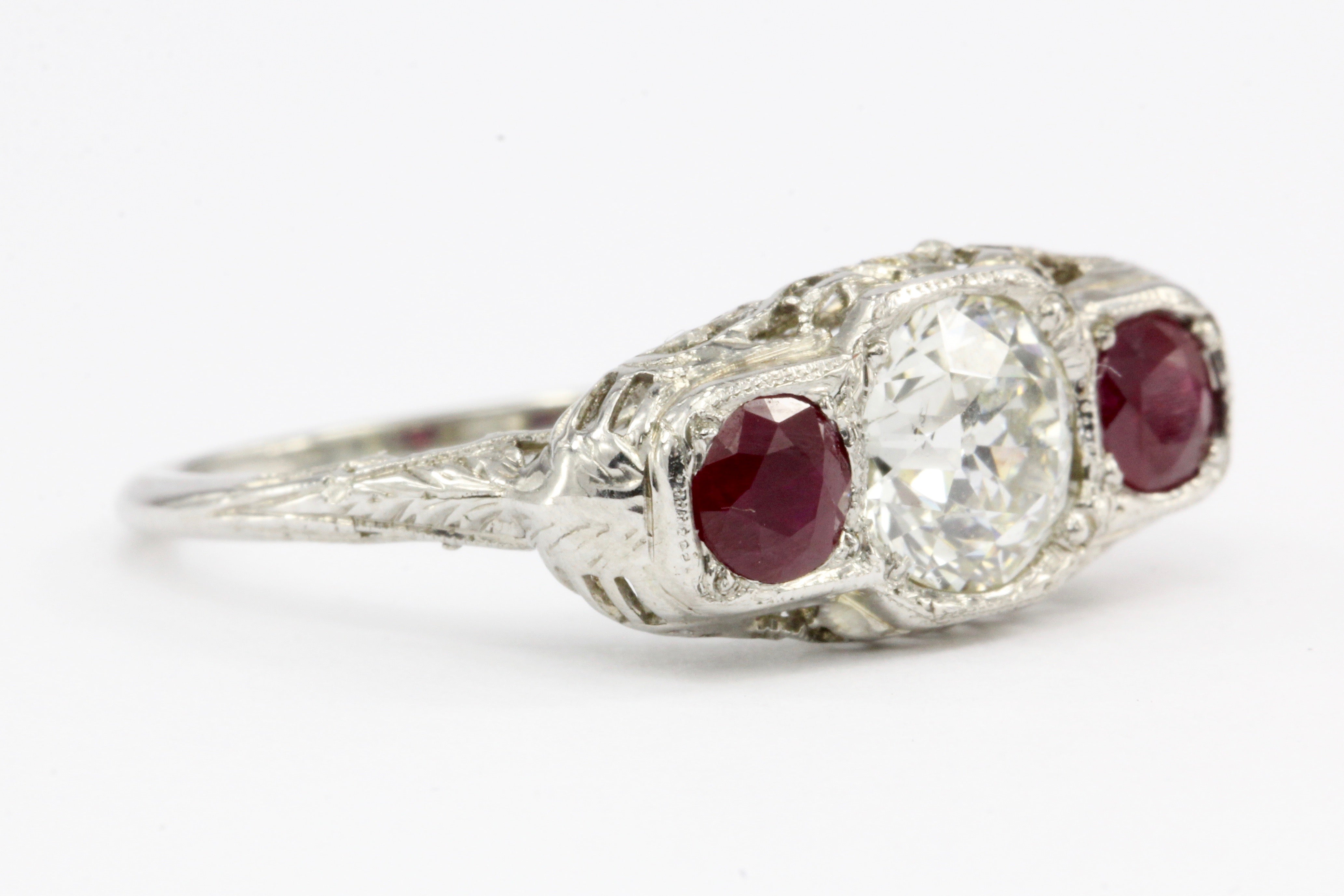 Art Deco 14K White Gold Old European Cut GIA Certified Diamond Ruby Ring c.1920's - Queen May