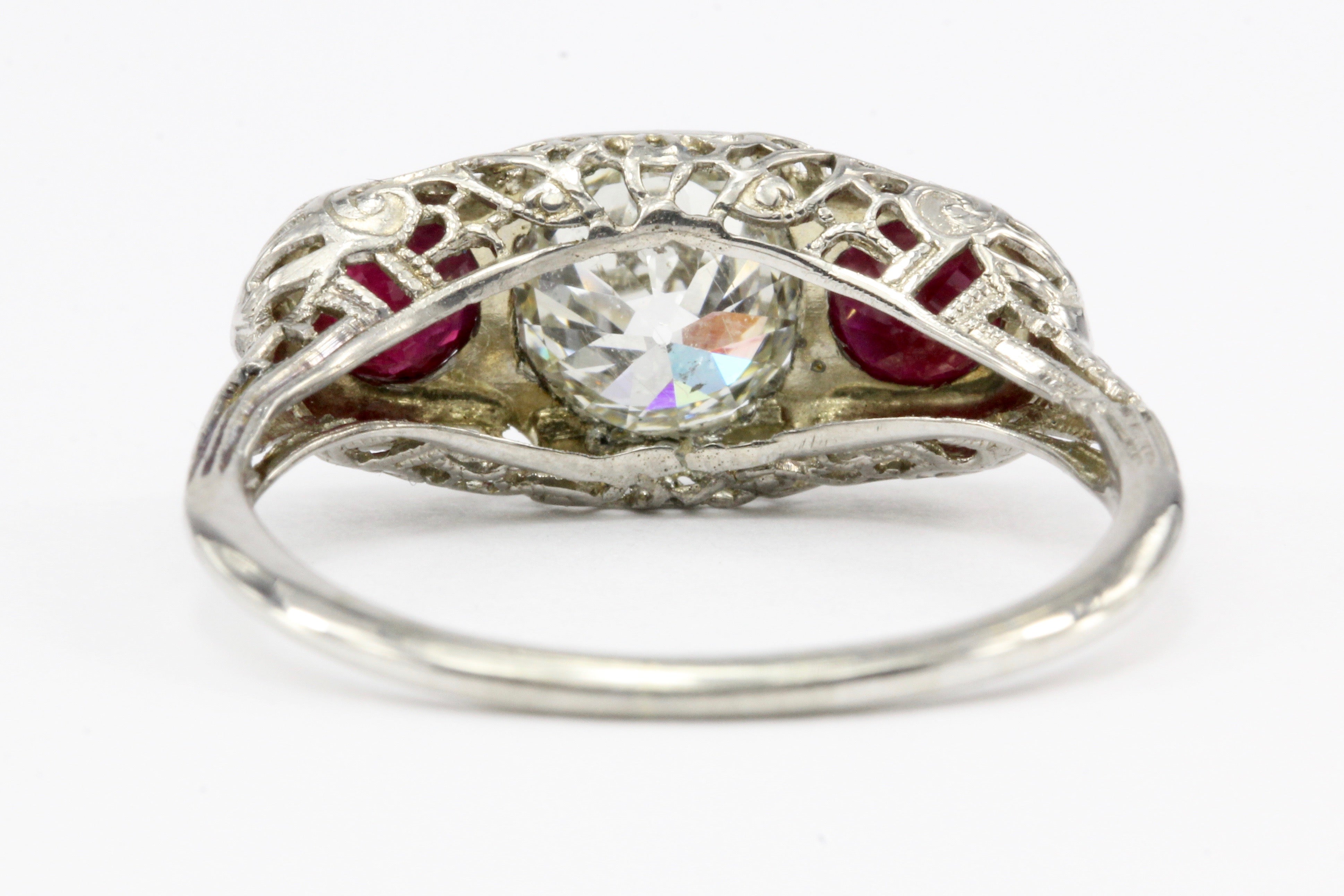 Art Deco 14K White Gold Old European Cut GIA Certified Diamond Ruby Ring c.1920's - Queen May