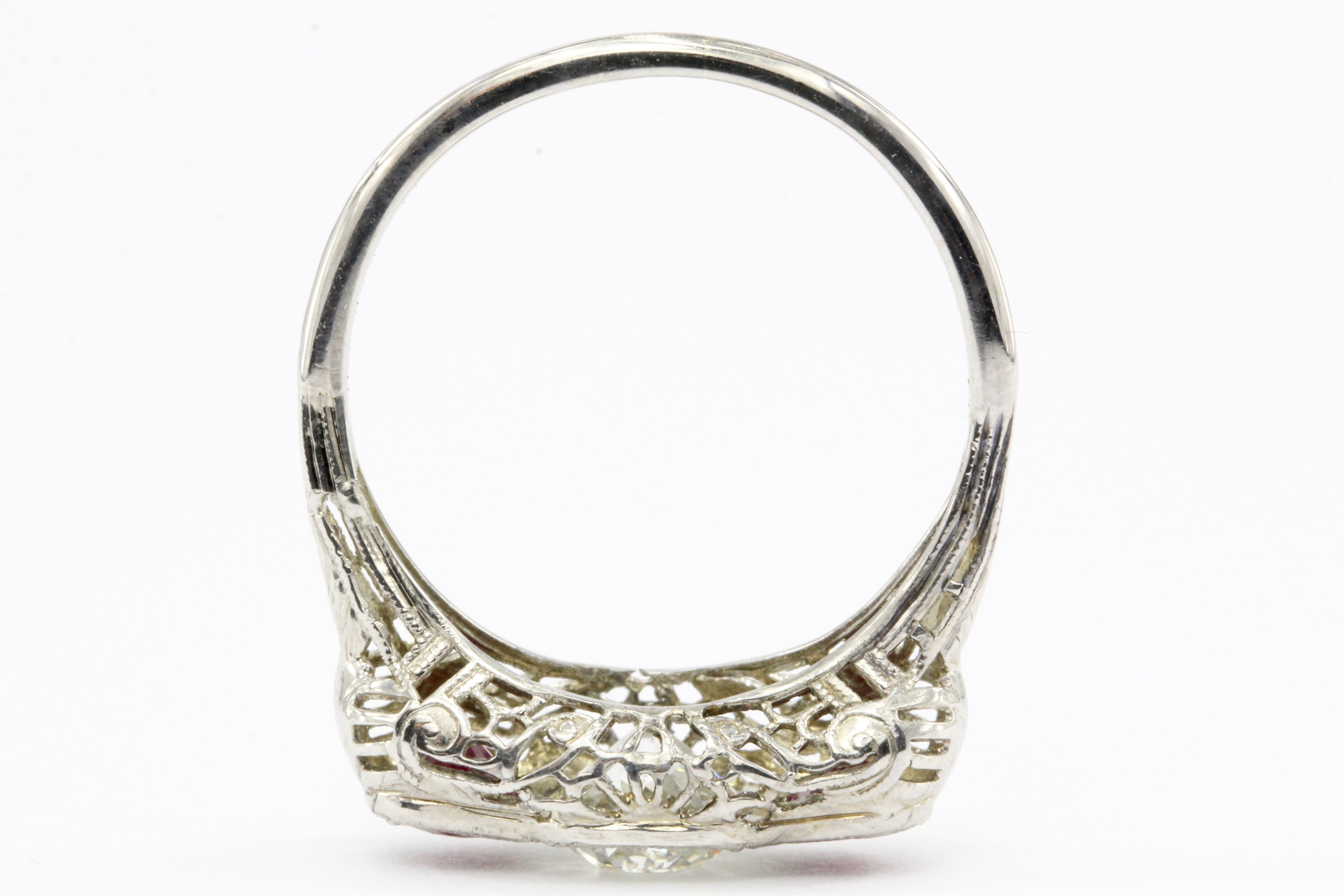 Art Deco 14K White Gold Old European Cut GIA Certified Diamond Ruby Ring c.1920's - Queen May