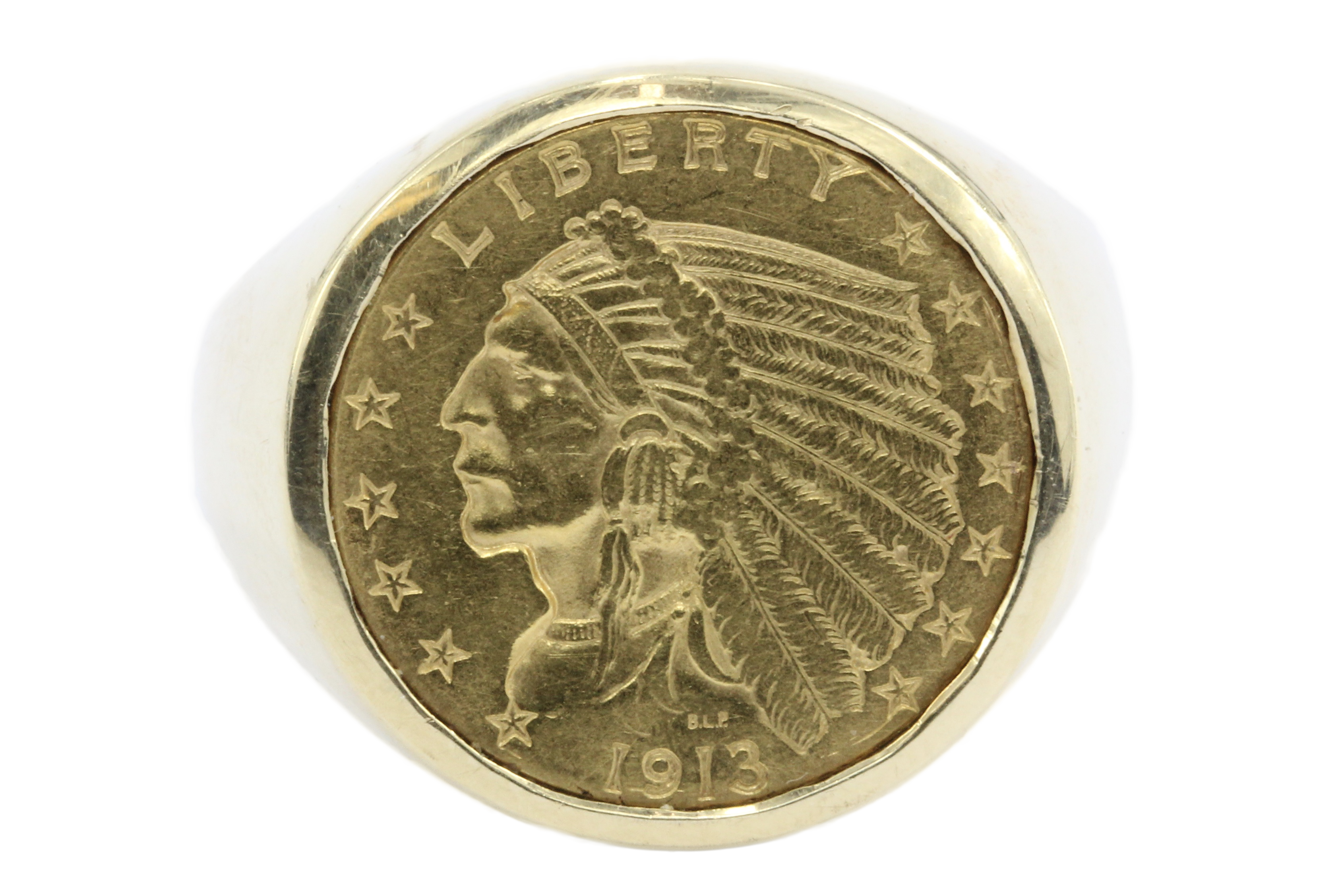 14K Gold US 1913 $2.50 Gold Indian Quarter Eagle Coin Ring Size 10.75 - Queen May