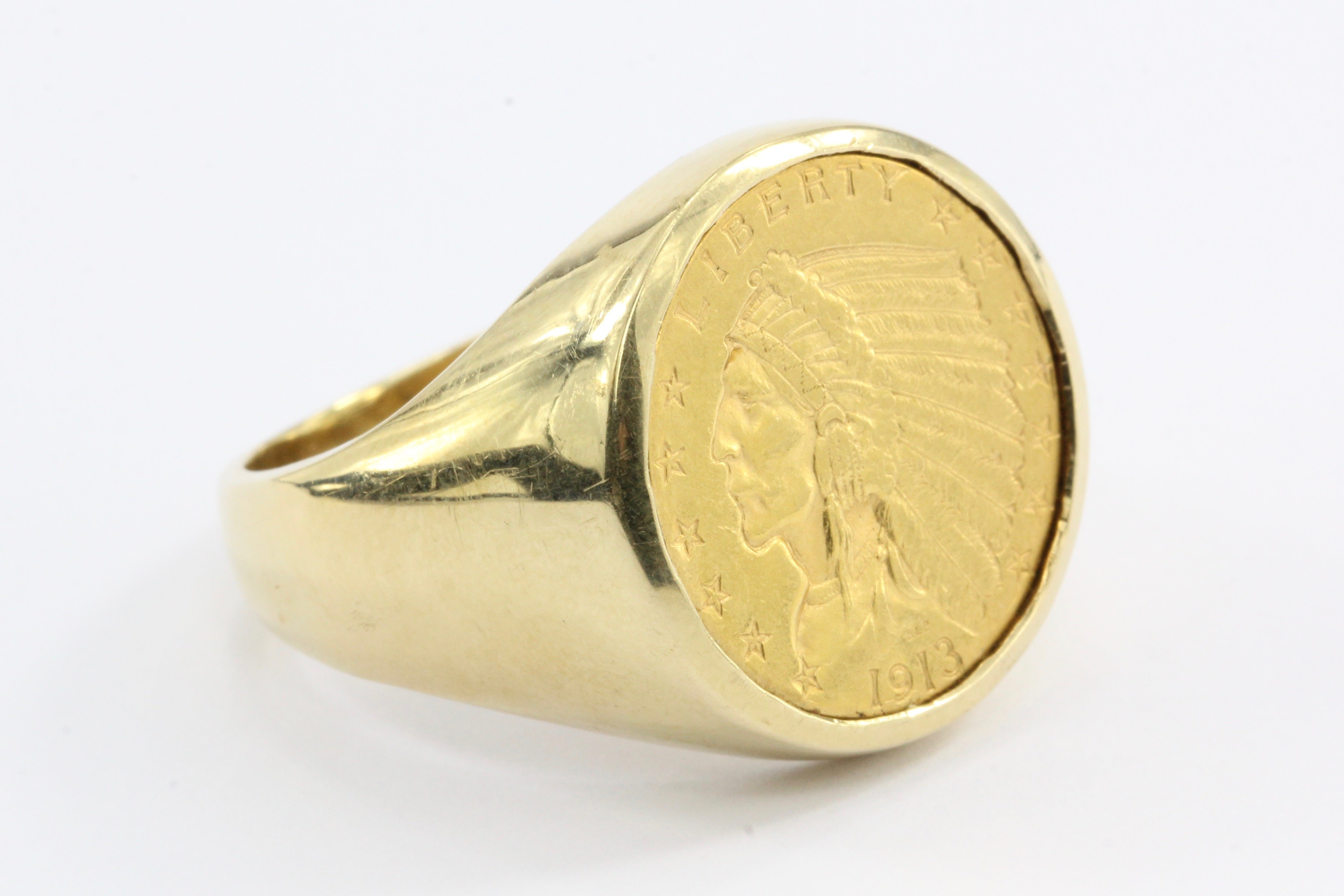 14K Gold US 1913 $2.50 Gold Indian Quarter Eagle Coin Ring Size 10.75 - Queen May