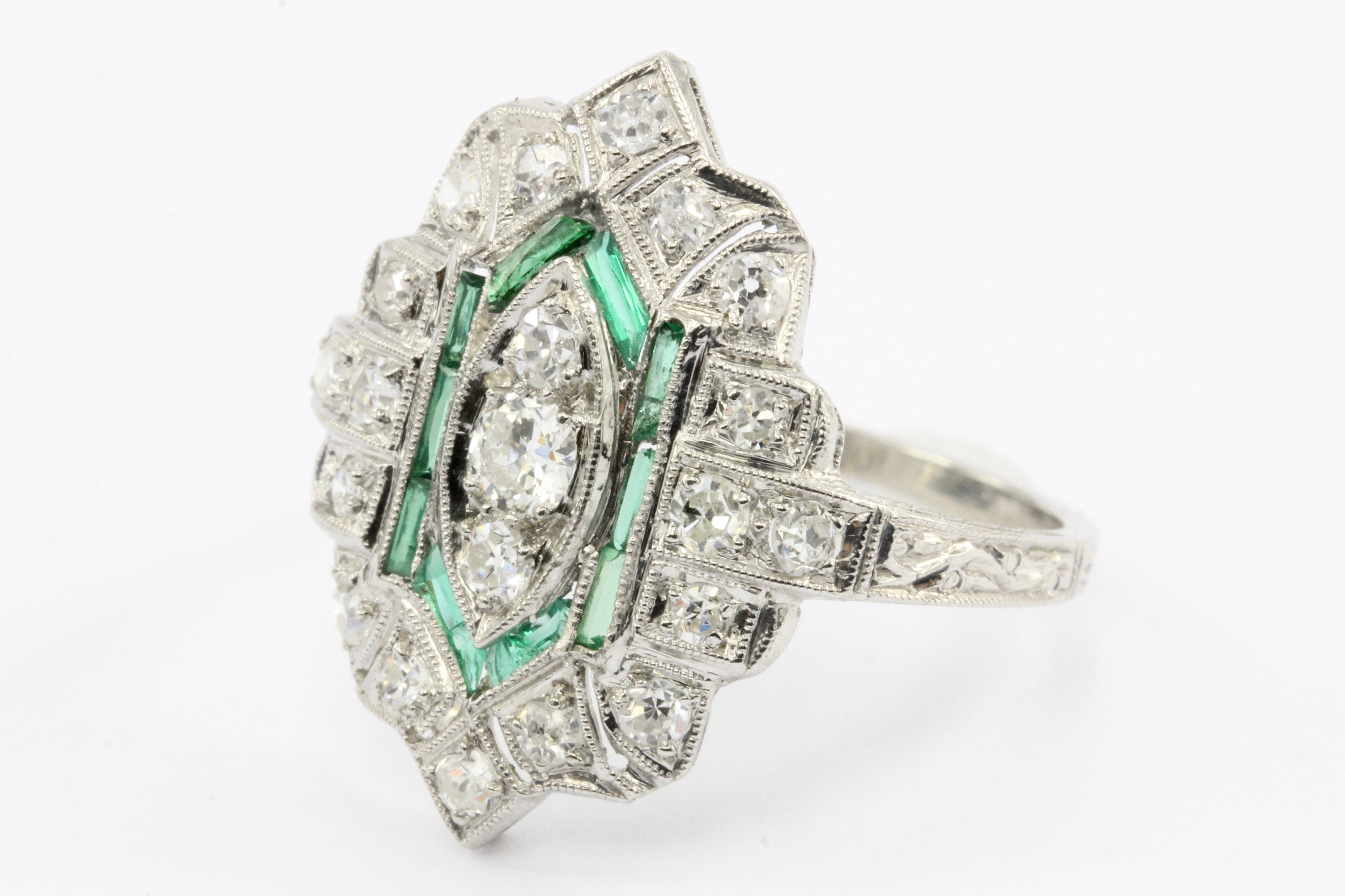 Art Deco Platinum Old European Cut Diamond Emerald Ring c.1920's - Queen May