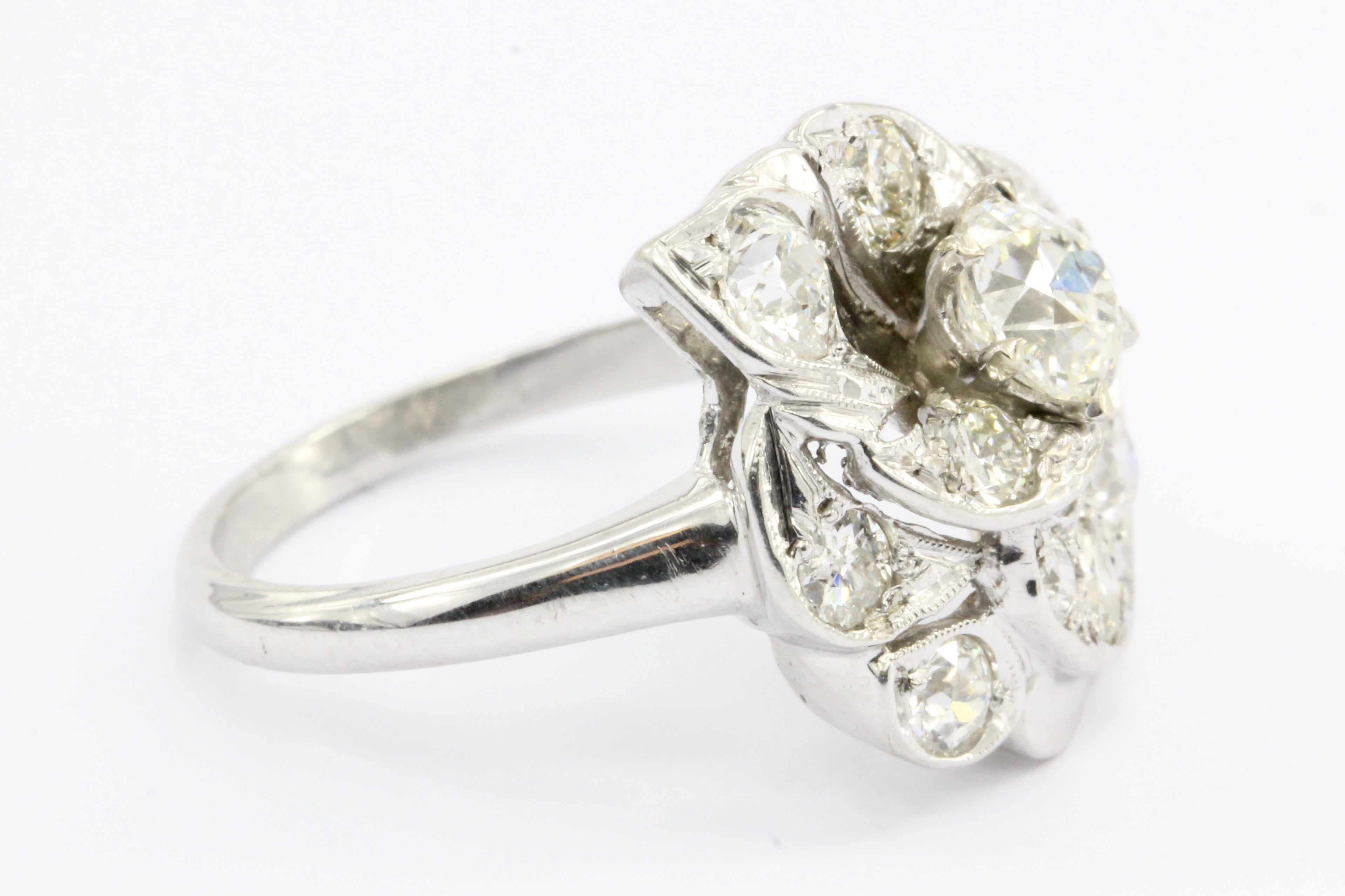 Retro 14K White Gold Old European Cut Diamond Cluster Ring C.1940's - Queen May