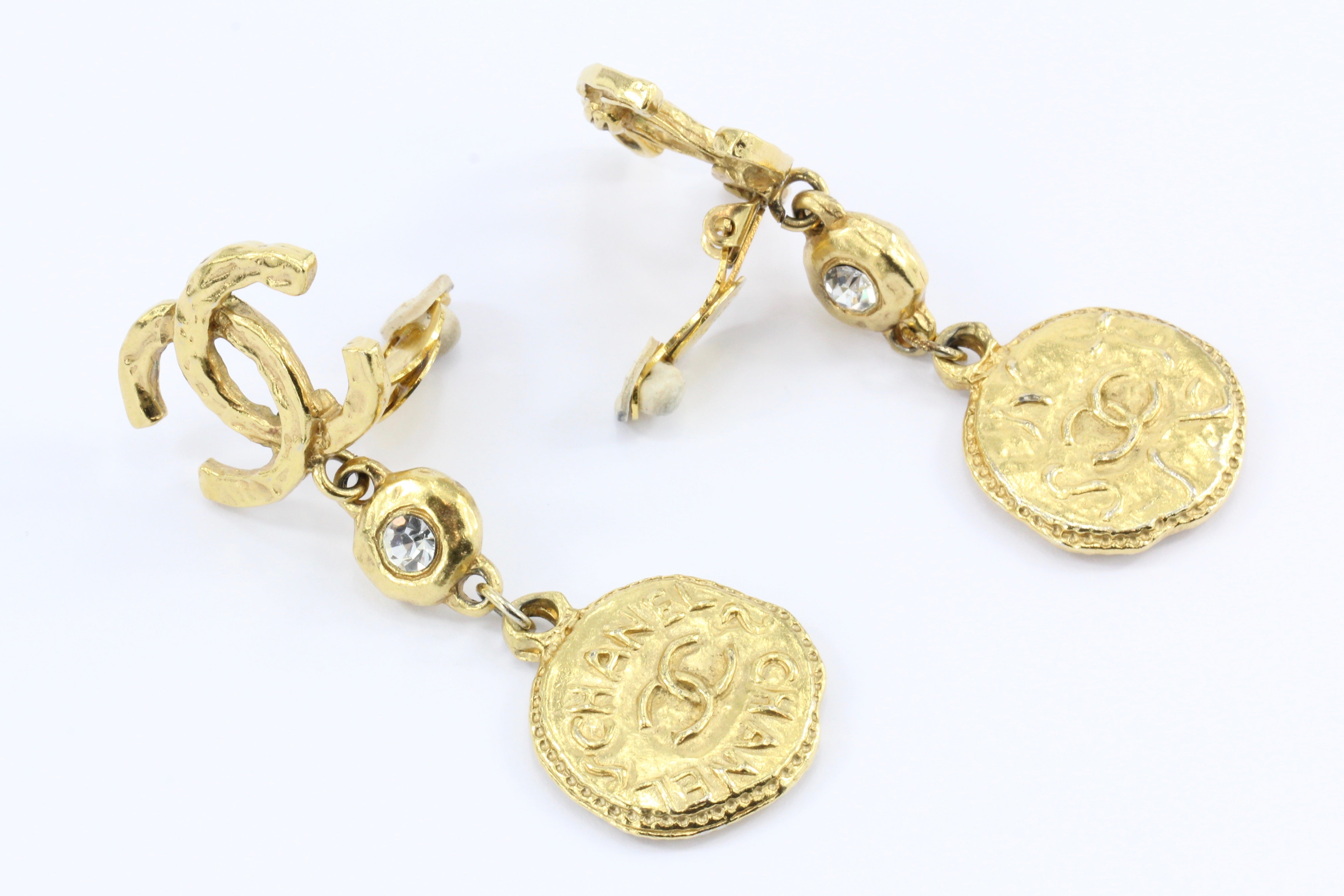 Vintage Chanel Gold Tone CC Crystal Coin Clip-On Earrings - Queen May