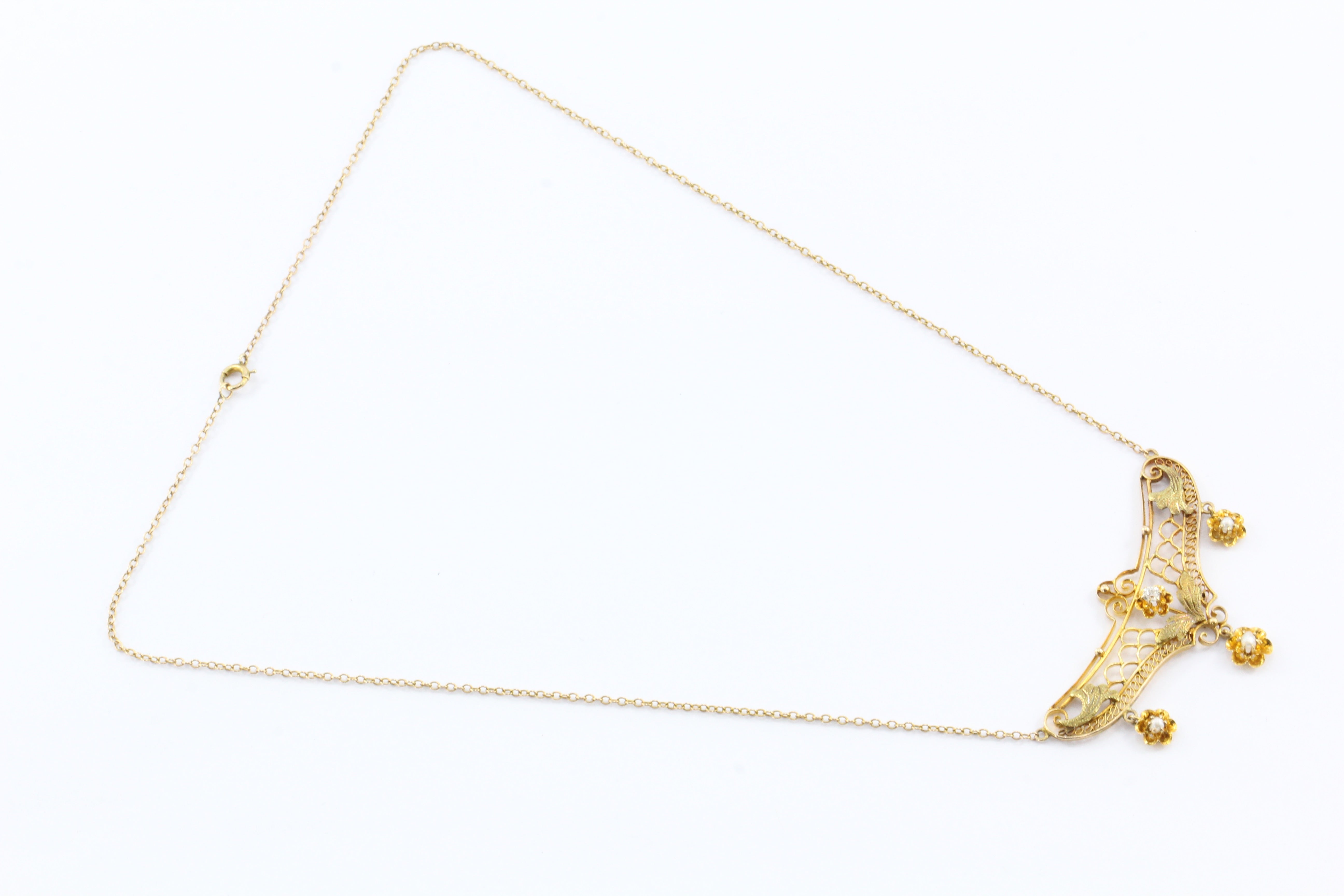 Art Nouveau 14K Gold Diamond & Pearl Necklace c.1910 - Queen May
